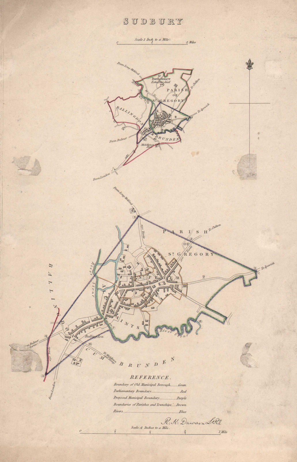 SUDBURY borough/town/constituency plan BOUNDARY REVIEW. Suffolk. DAWSON 1837 map
