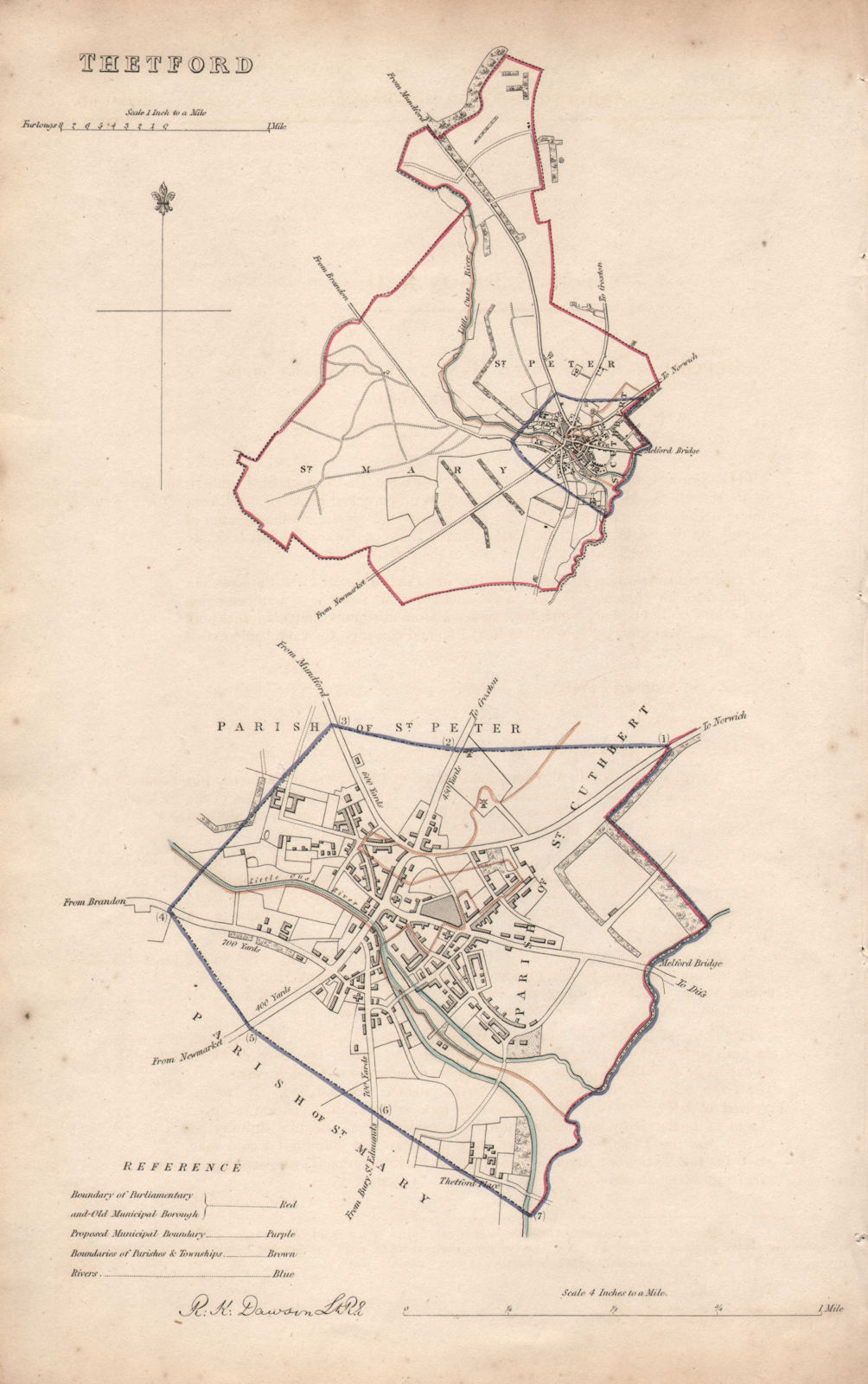 THETFORD borough/town plan. BOUNDARY REVIEW. Norfolk. DAWSON 1837 old map