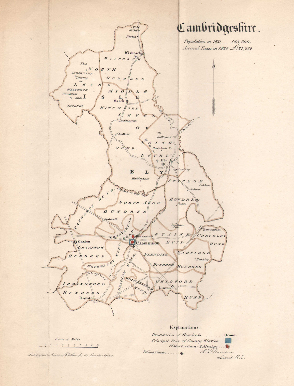 Cambridgeshire county map. Divisions electoral boroughs. REFORM ACT. DAWSON 1832