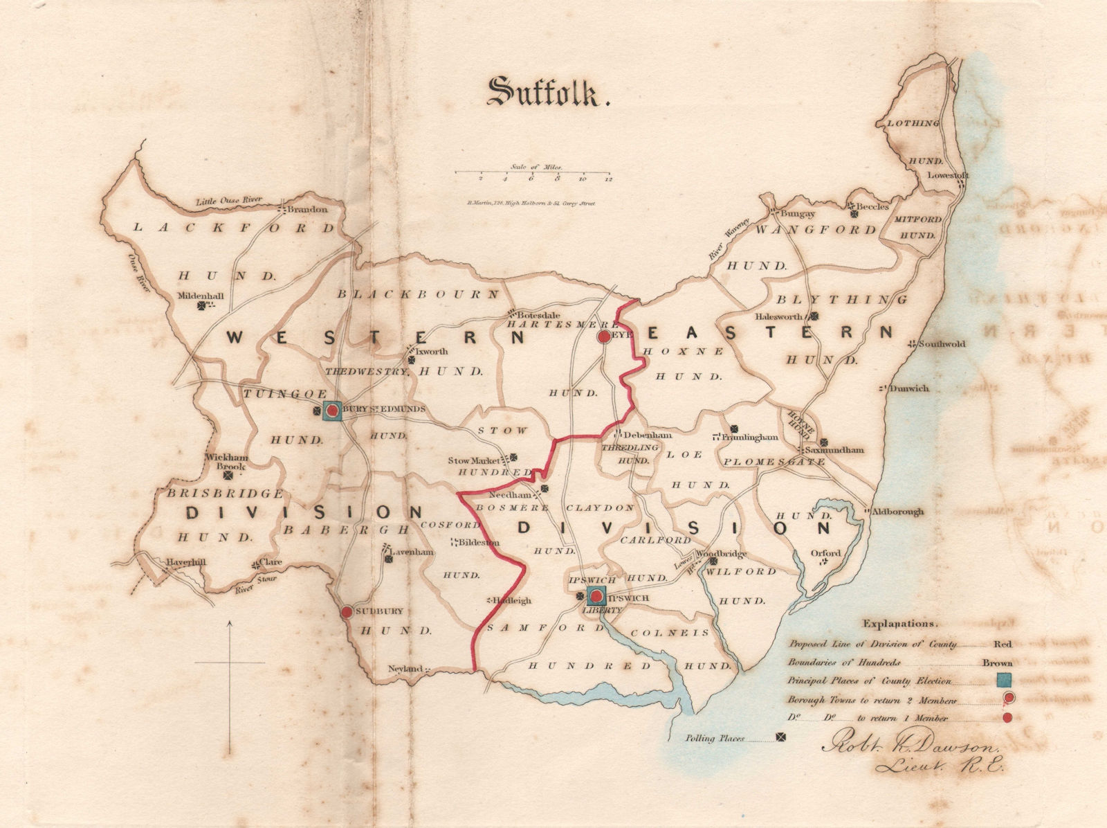 Suffolk county map. Divisions electoral boroughs. REFORM ACT. DAWSON 1832