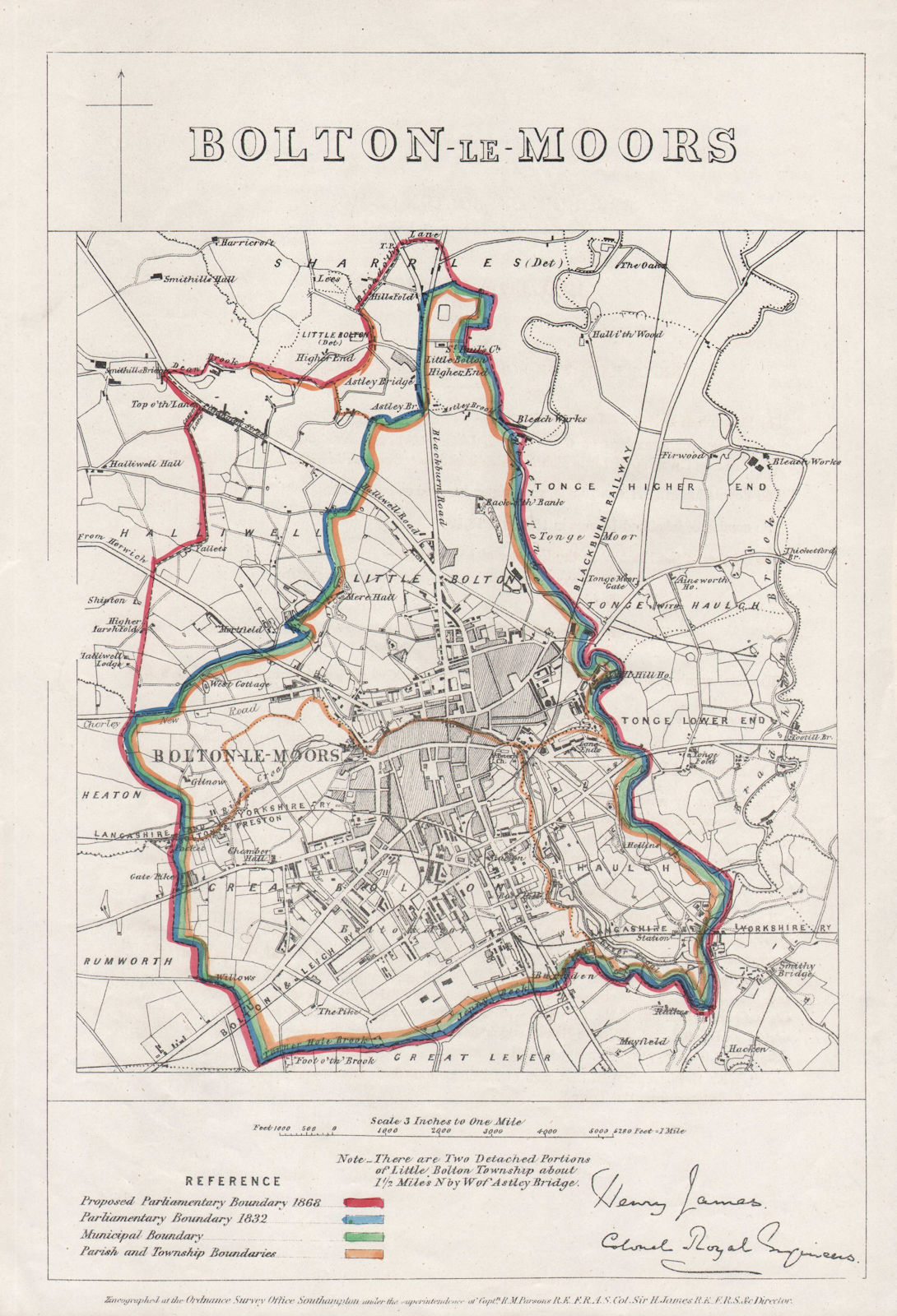 BOLTON-LE-MOORS town plan. BOUNDARY COMMISSION. Lancashire. JAMES 1868 old map