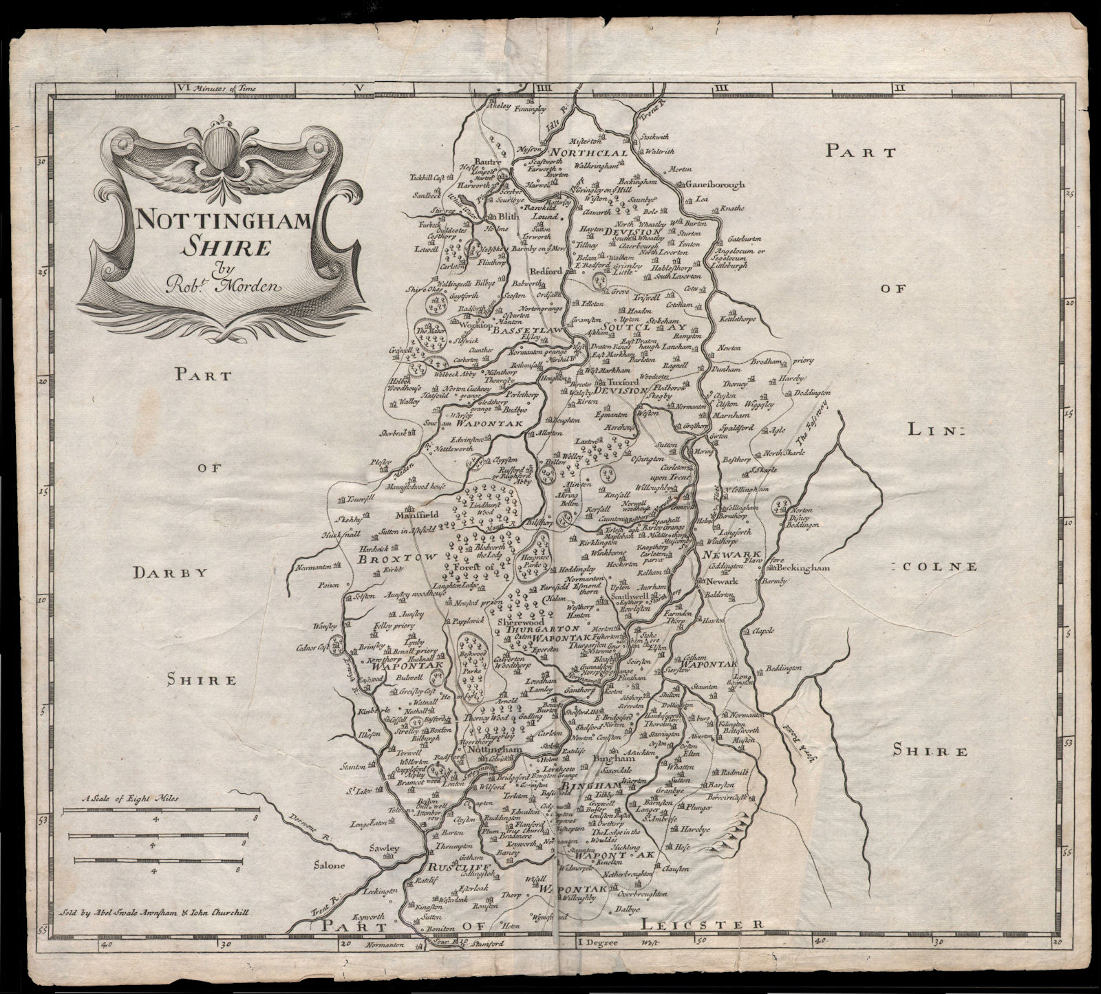 NOTTINGHAMSHIRE by ROBERT MORDEN from Camden's Britannia 1695 old antique map