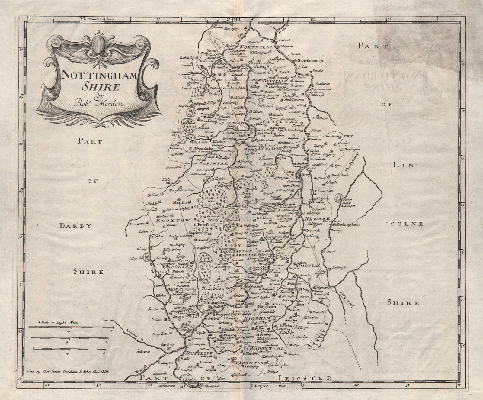 NOTTINGHAMSHIRE. by ROBERT MORDEN from Camden's Britannia c1695 old map