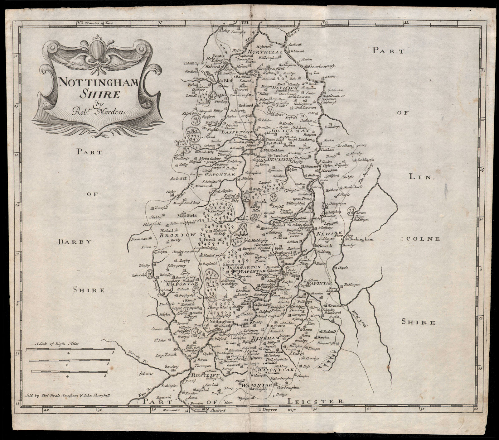 Associate Product NOTTINGHAMSHIRE by ROBERT MORDEN from Camden's Britannia. Mansfield 1695 map