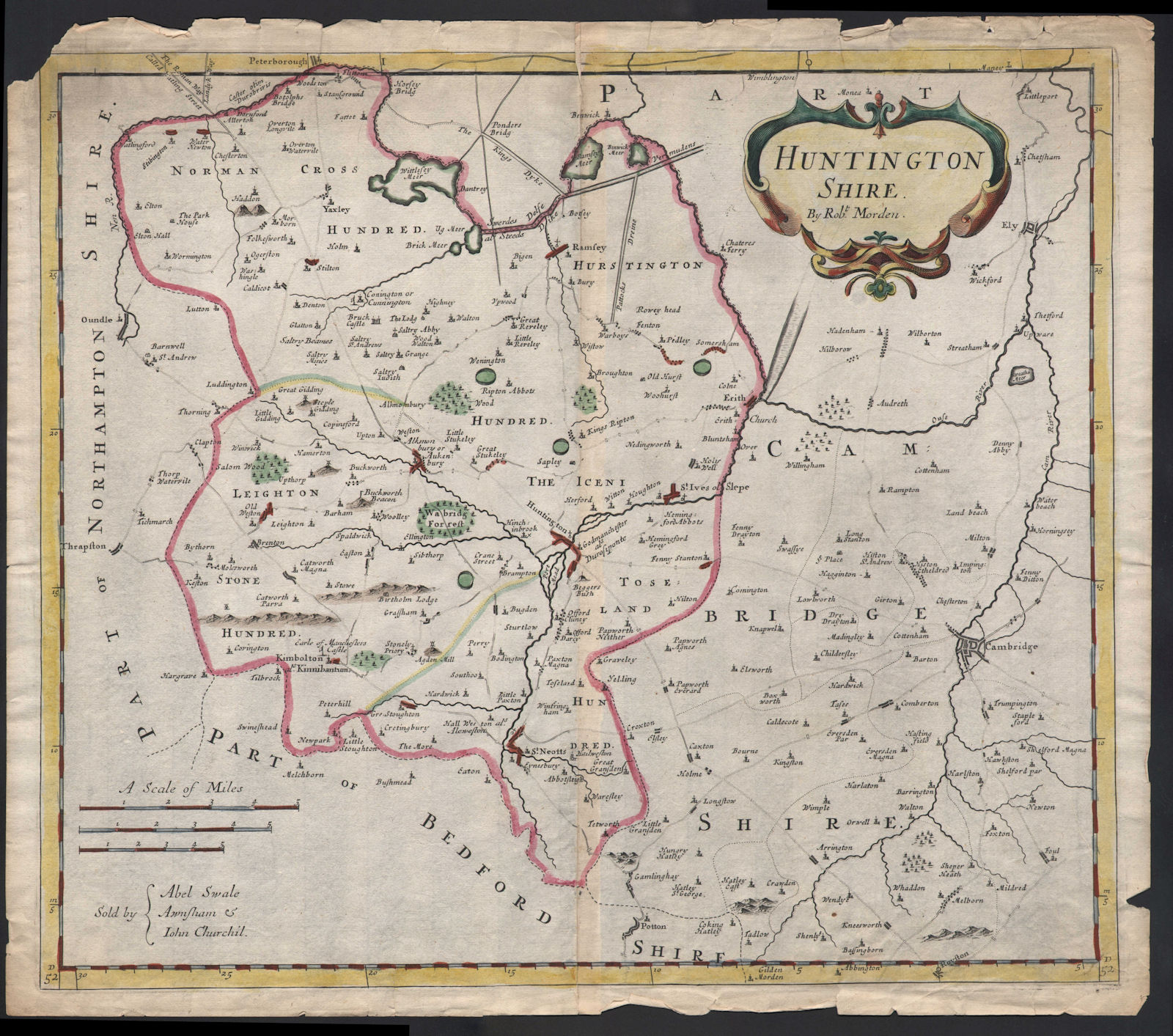 Huntingdonshire.'HUNTINGTON SHIRE' by ROBERT MORDEN. Coloured 1695 old map