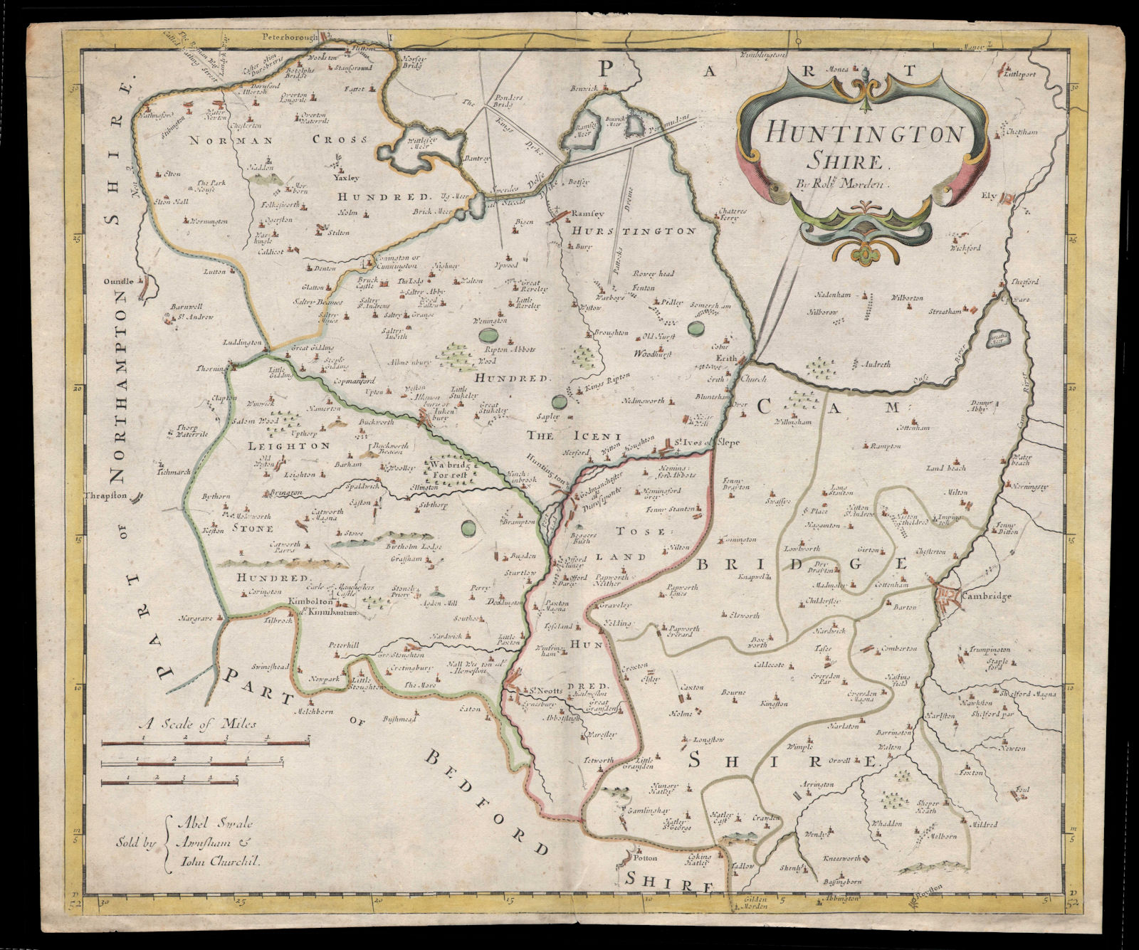 Huntingdonshire.'HUNTINGTON SHIRE' by ROBERT MORDEN. Coloured 1722 old map