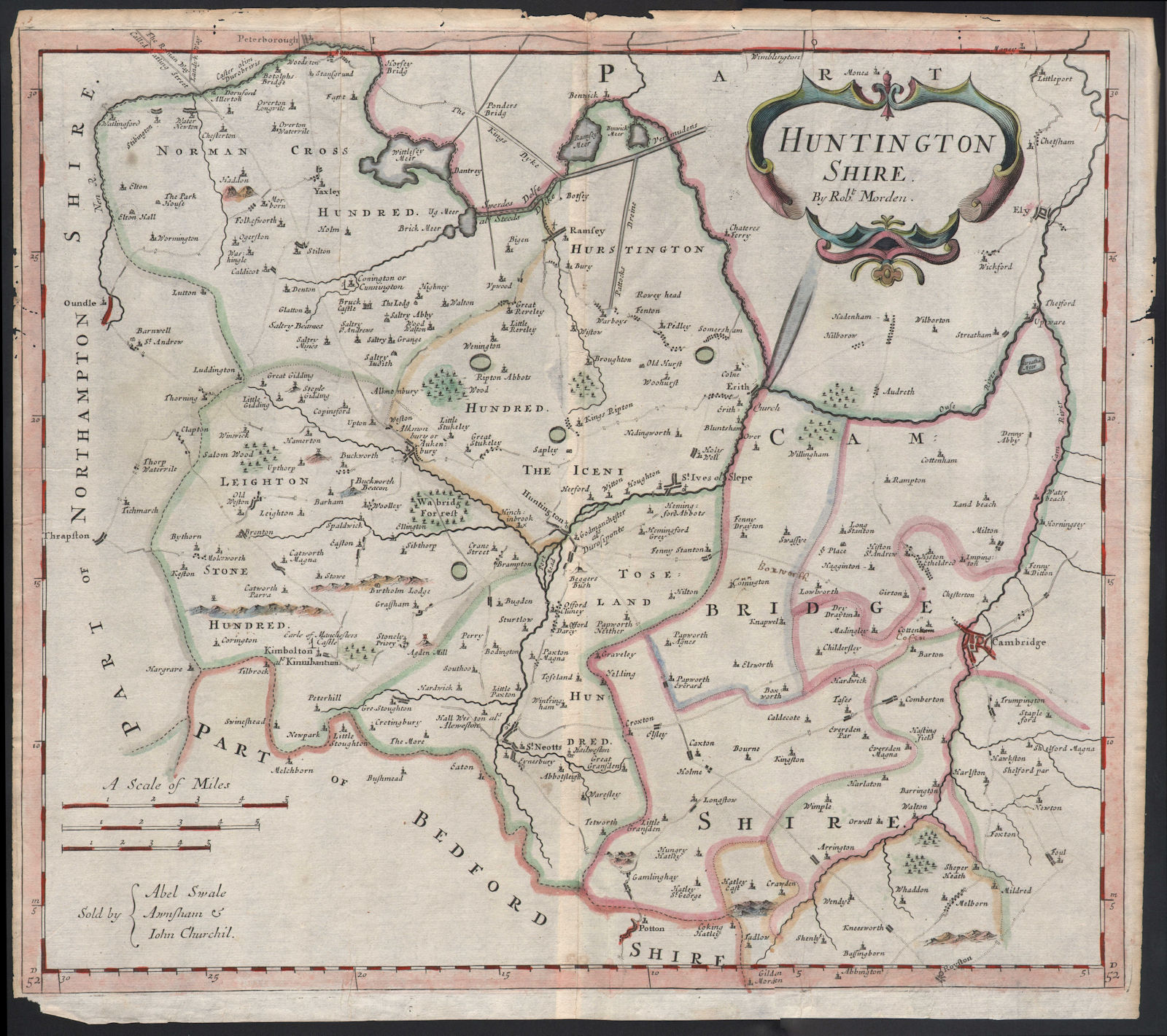 Huntingdonshire & NW Cambridgeshire. HUNTINGTON SHIRE. MORDEN. Coloured 1695 map