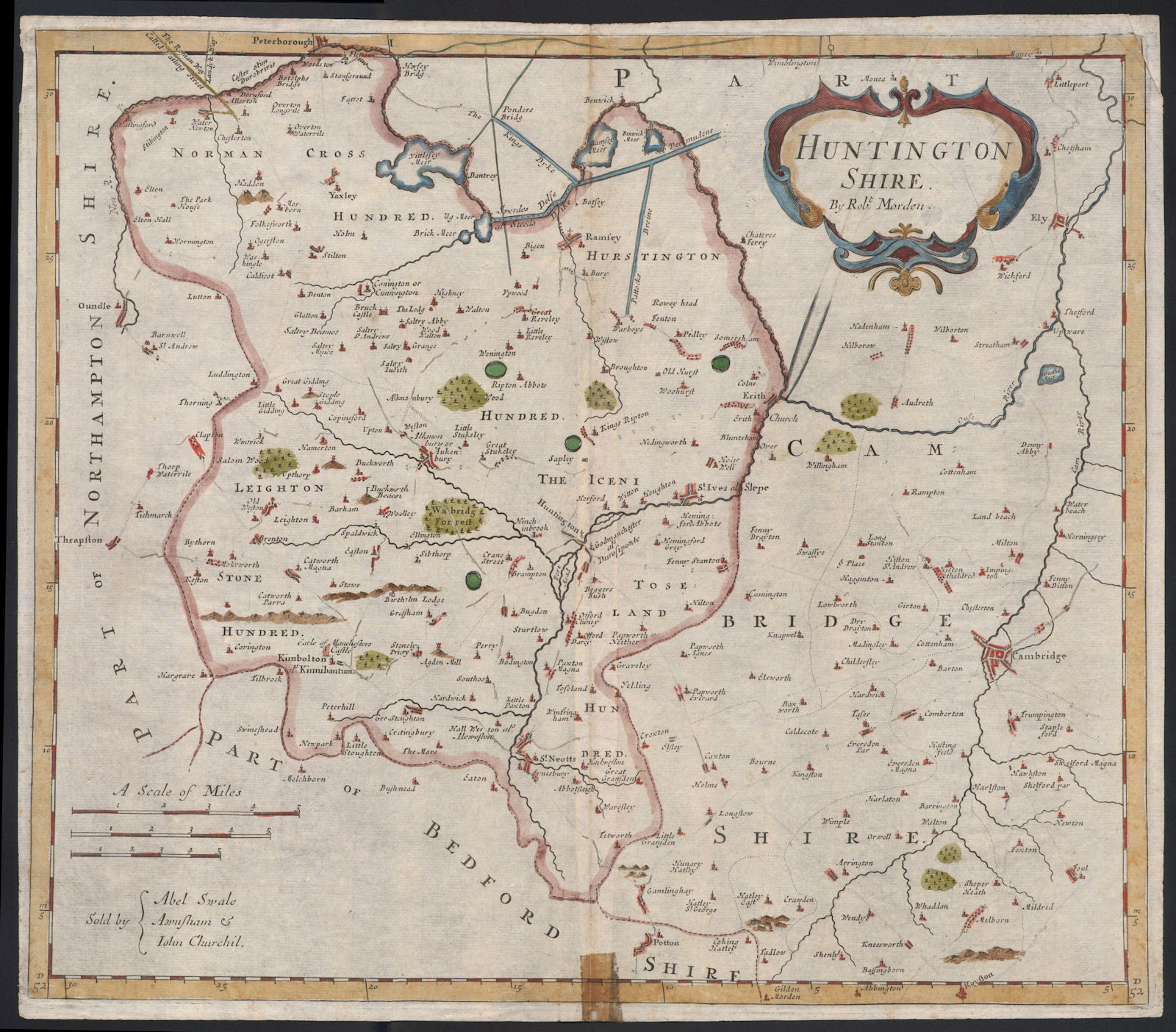 Huntingdonshire & NW Cambridgeshire HUNTINGTON SHIRE. MORDEN. Coloured 1695 map