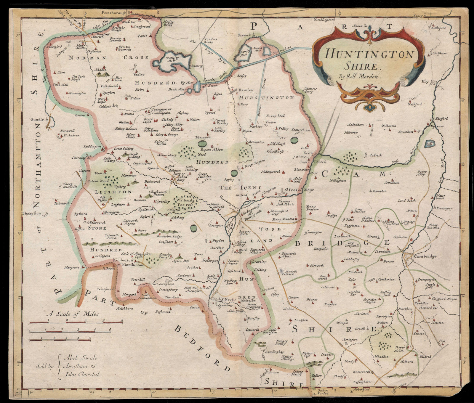 Huntingdonshire.'HUNTINGTON SHIRE' by ROBERT MORDEN. Coloured c1753 old map
