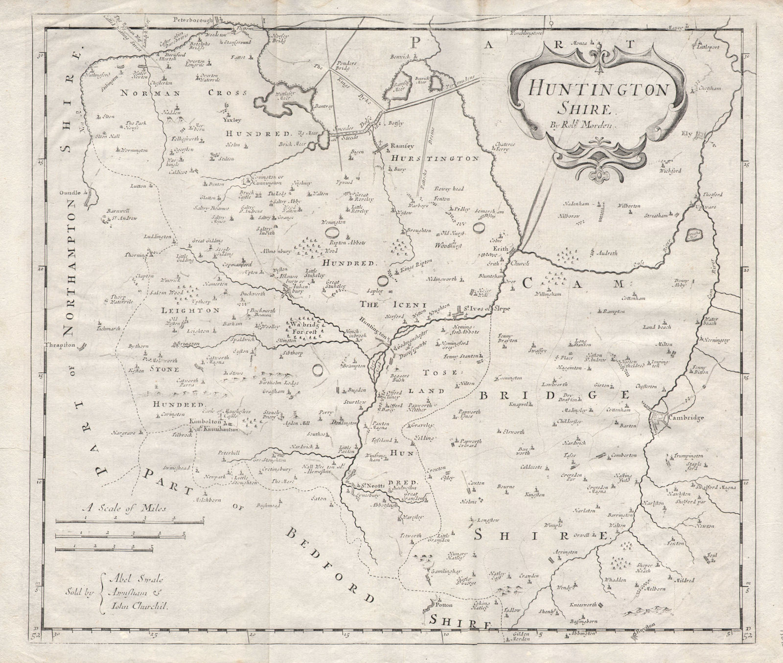 Associate Product Huntingdonshire & NW Cambridgeshire.'HUNTINGTON SHIRE' by ROBERT MORDEN 1722 map