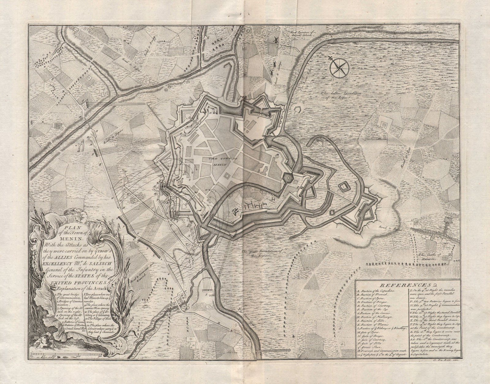 Associate Product "Plan of the town of Menin". Siege of Menen, Belgium 1706. DU BOSC 1737 map