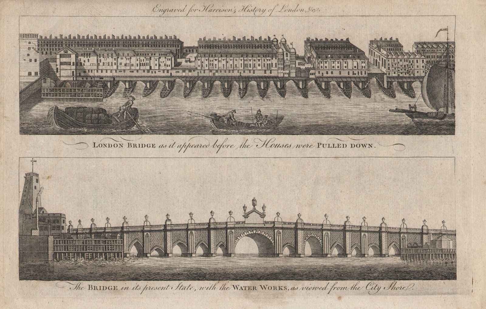 Old London Bridge with houses & "in its present state". HARRISON 1776 print