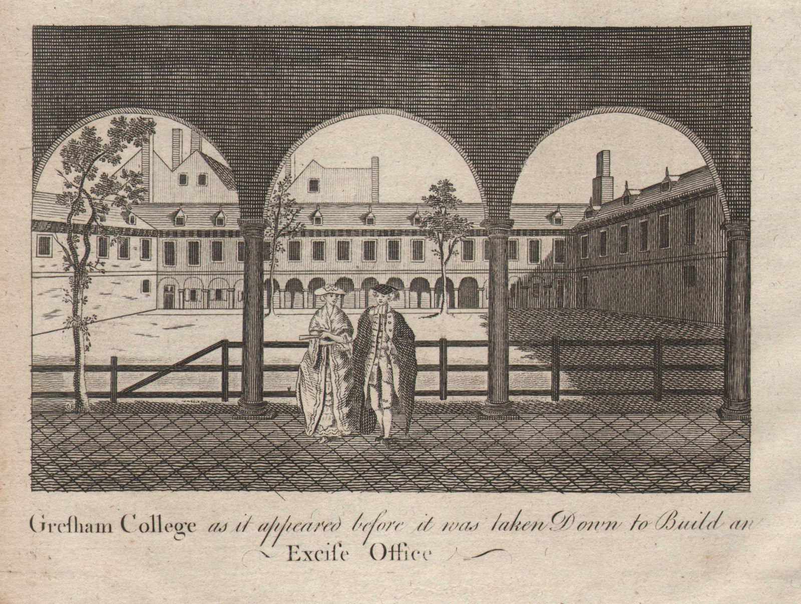 "Gresham College", Bishopsgate, London. Tower 42 site. HARRISON 1776 old print