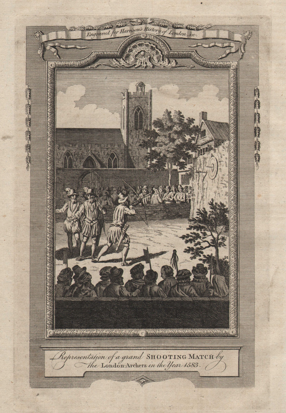 An archery match in London, 1583. London Archers. HARRISON 1776 old print