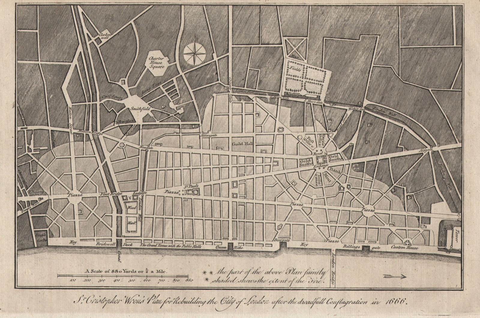 Sir Christopher Wren's plan for rebuilding the City of London. HARRISON 1776 map
