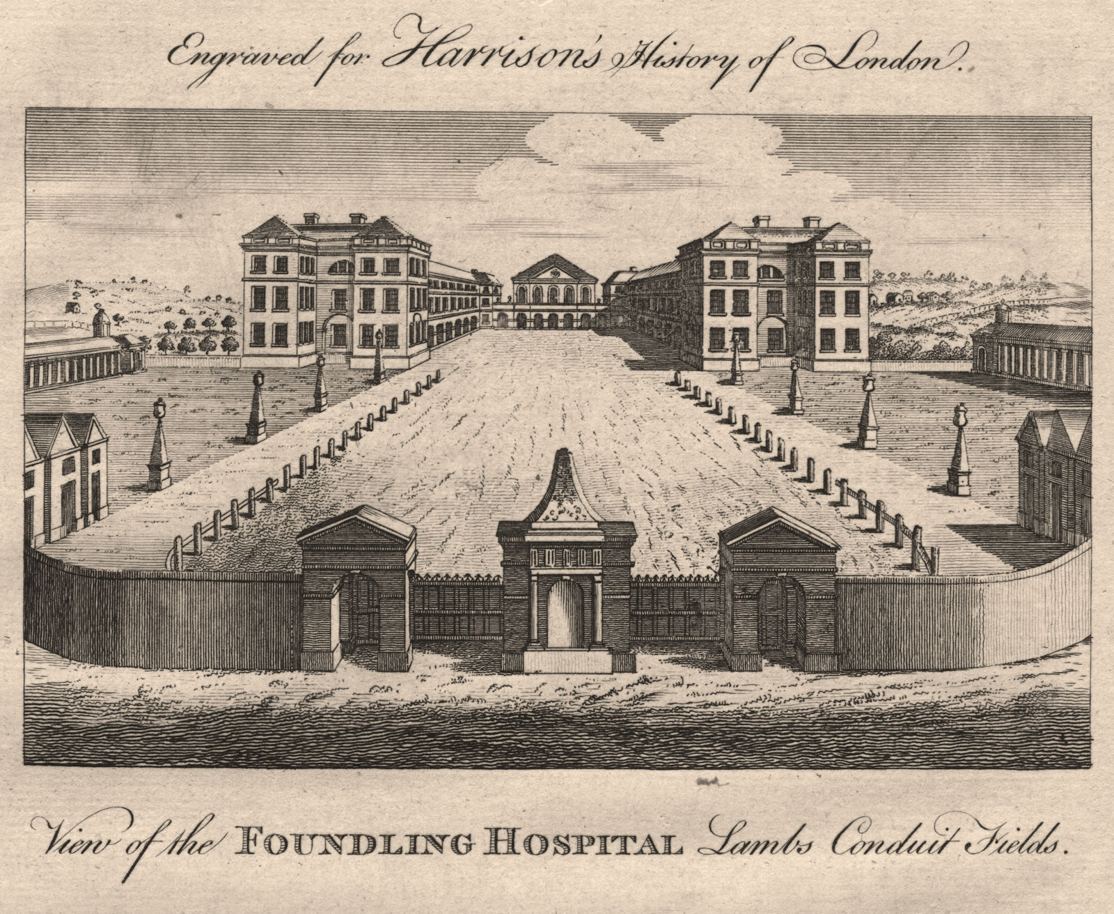 "Foundling Hospital, Lambs Conduit Fields". Now Coram's Fields. HARRISON 1776