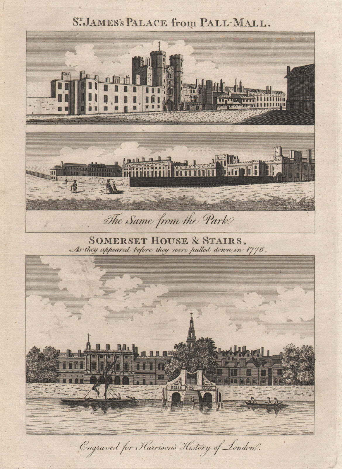 St James's Palace from Pall Mall/ St James's Park. Somerset House. HARRISON 1776