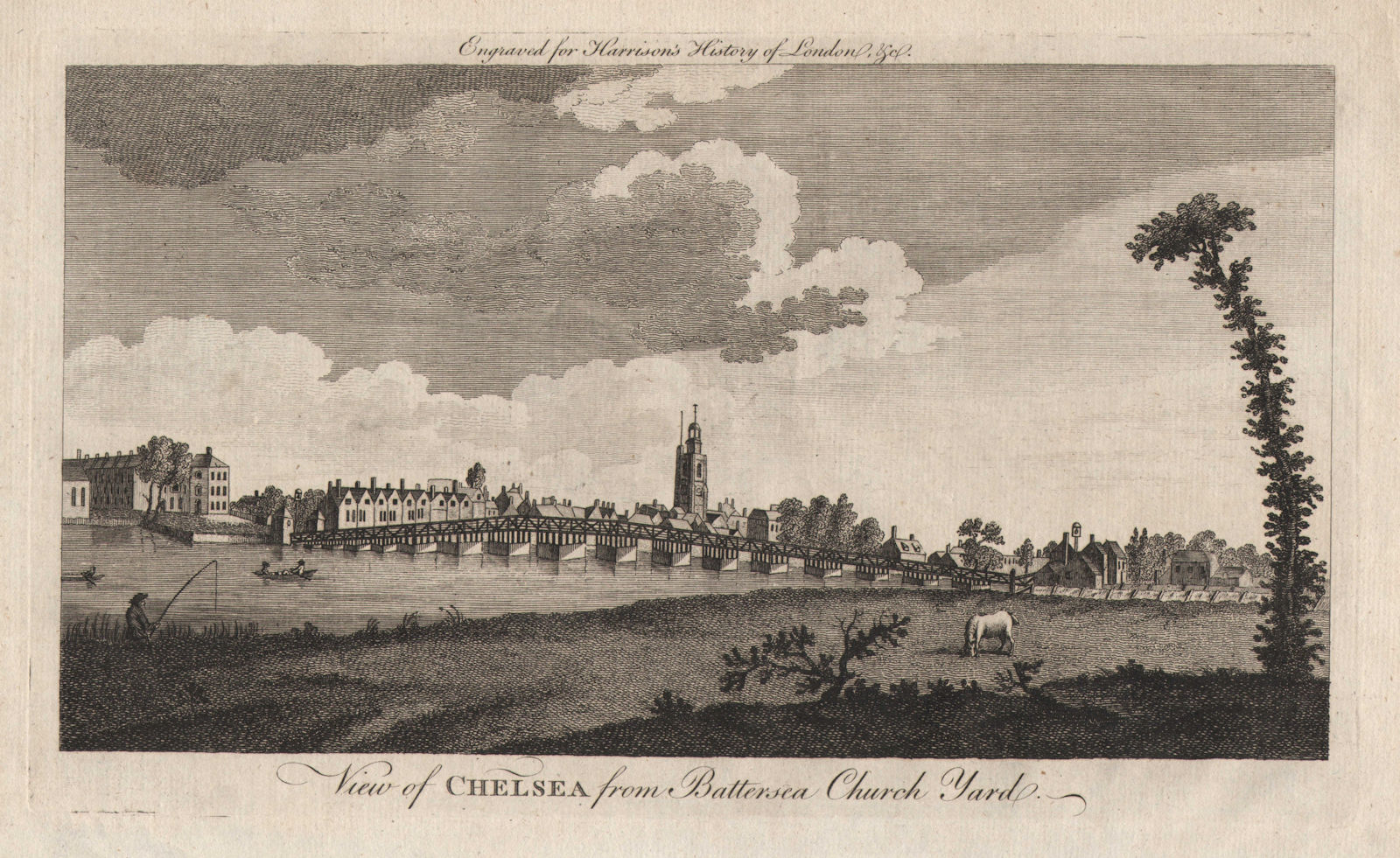 "View of Chelsea from Battersea churchyard". London. HARRISON 1776 old print