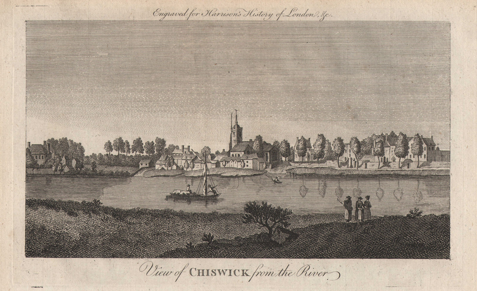 "View of Chiswick from the river", London. HARRISON 1776 old antique print