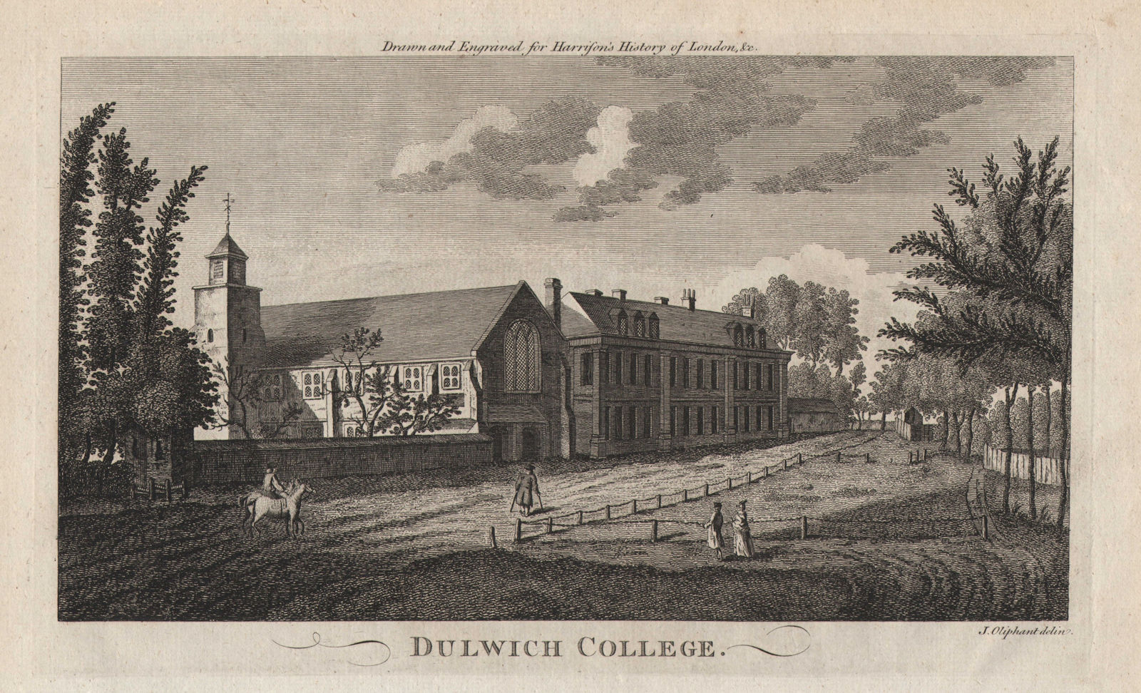 "Dulwich College", London. HARRISON 1776 old antique vintage print picture