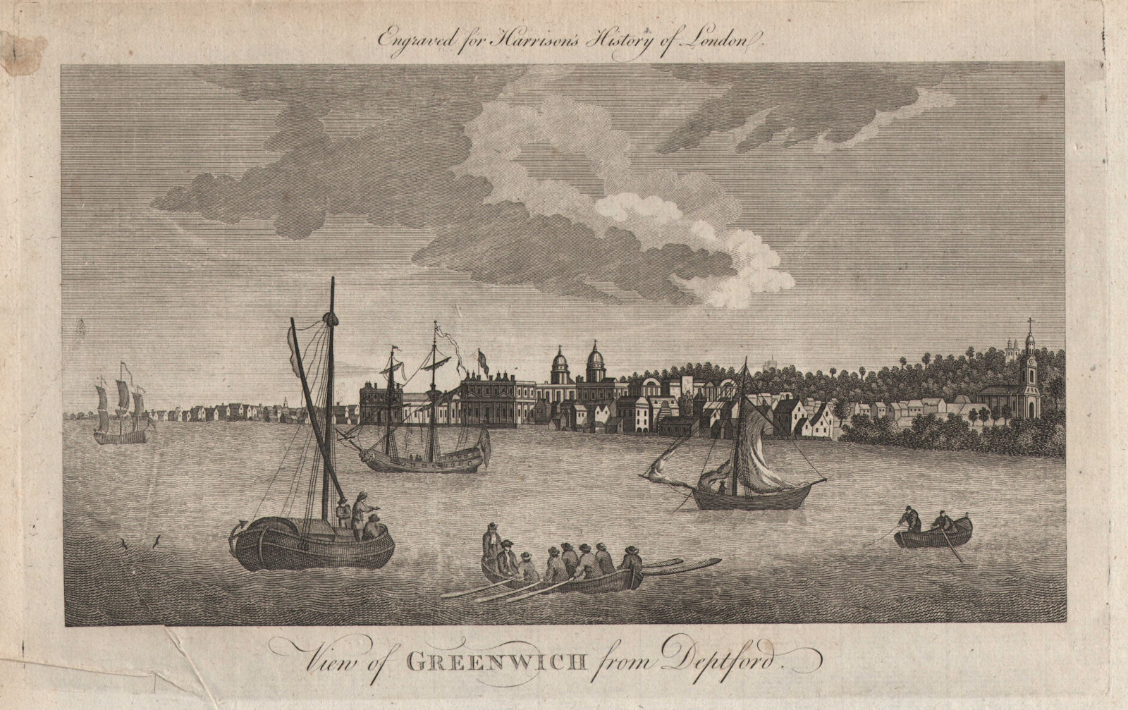 "View of Greenwich from Deptford", London. HARRISON 1776 old antique print