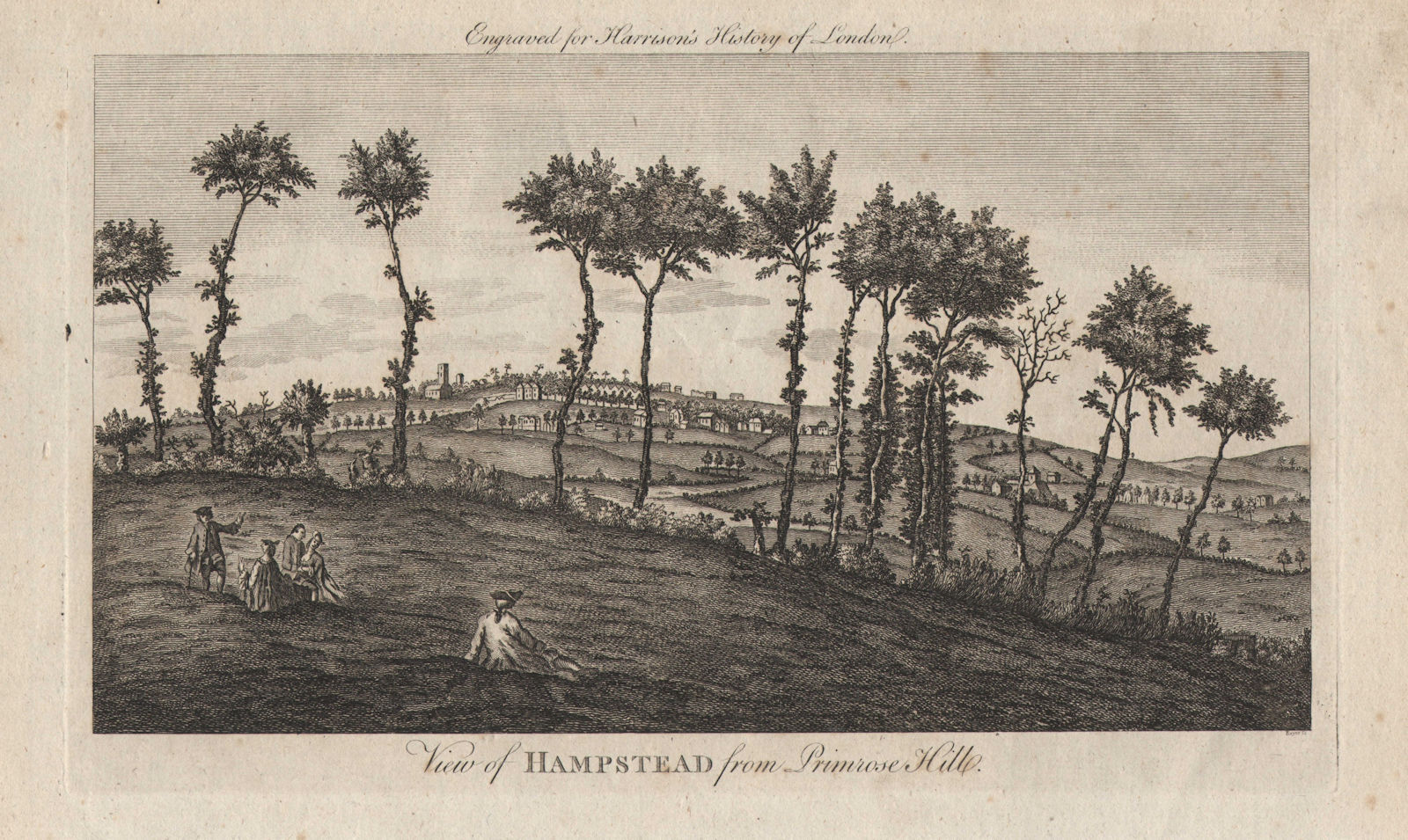 "View of Hampstead from Primrose Hill", London. HARRISON 1776 old print
