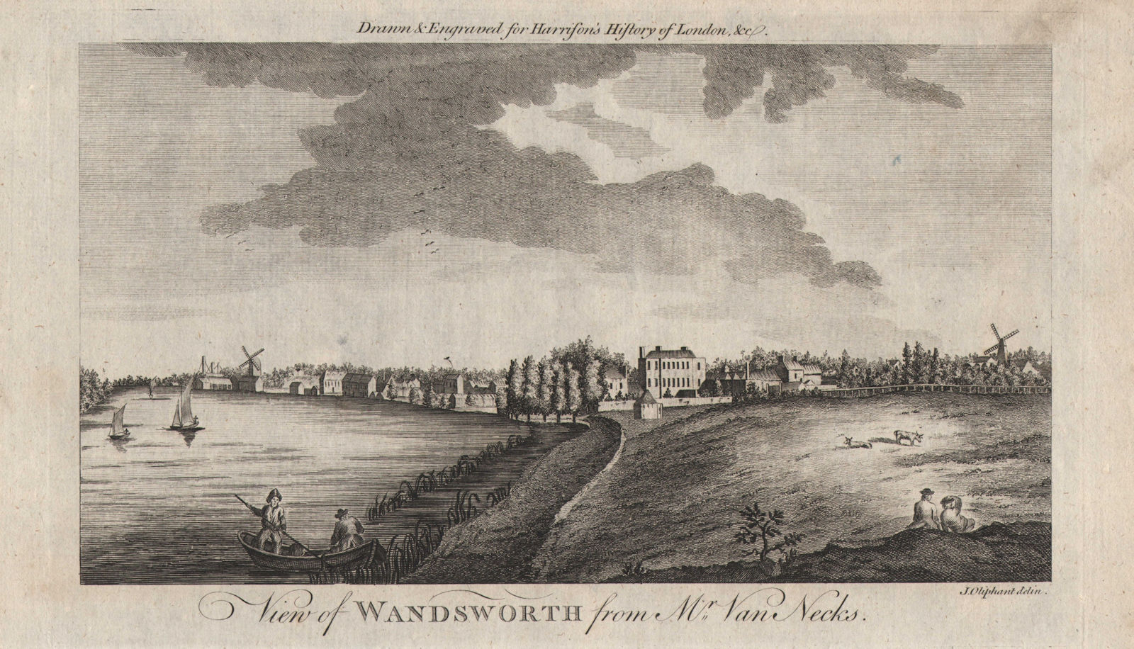 "View of Wandsworth from Mr Van Neck's", London. HARRISON 1776 old print