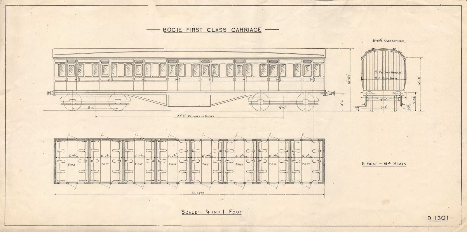 Bogie First Class carriage D1301. Rail engineering drawing c1925 old print