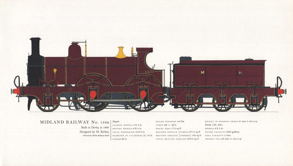 Midland Railway locomotive #158a. Derby 1866. M. Kirtley 1967 old print