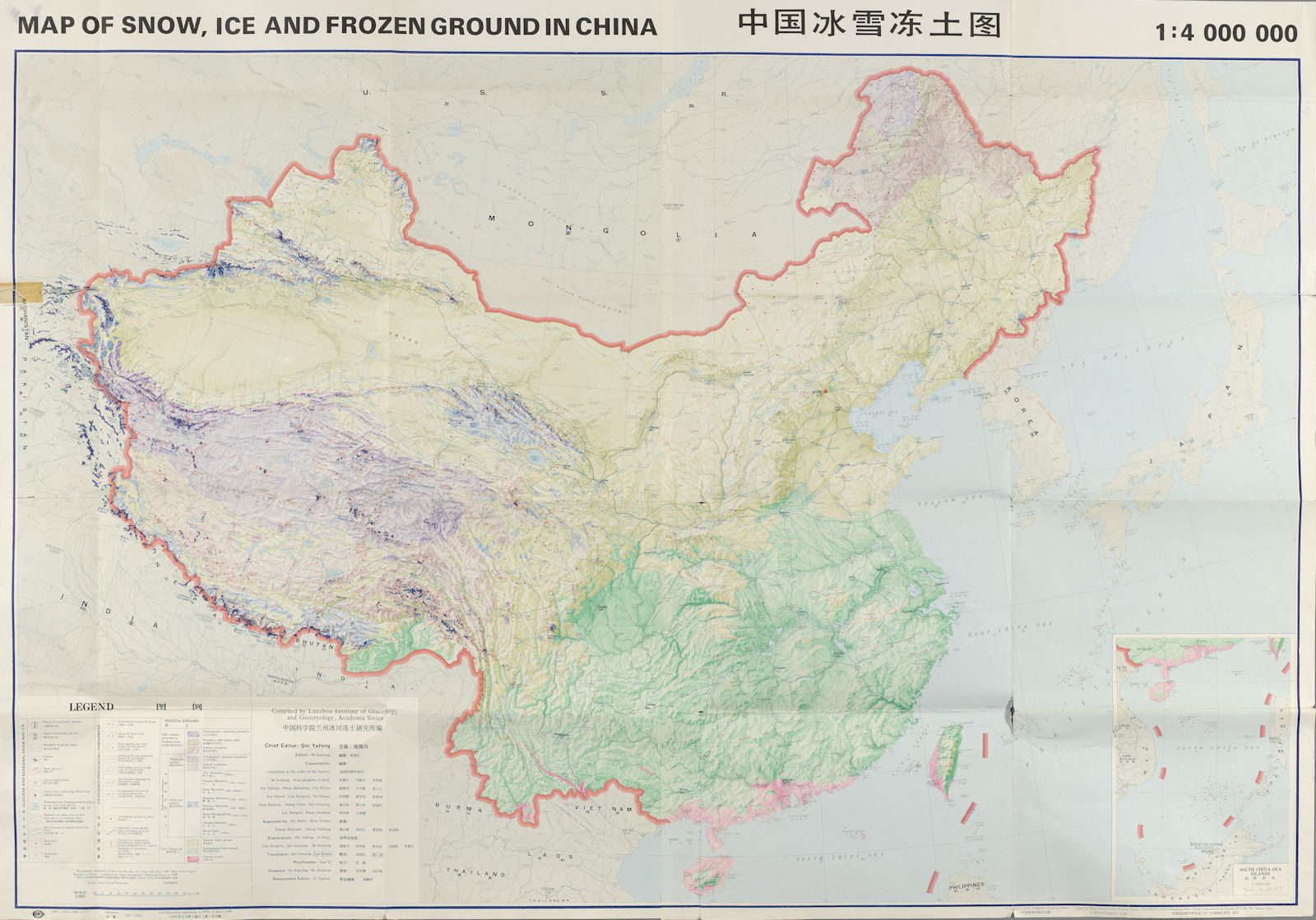 Associate Product Snow, Ice & Frozen ground in China. Permafrost glaciers. 132x98cm 1988 old map