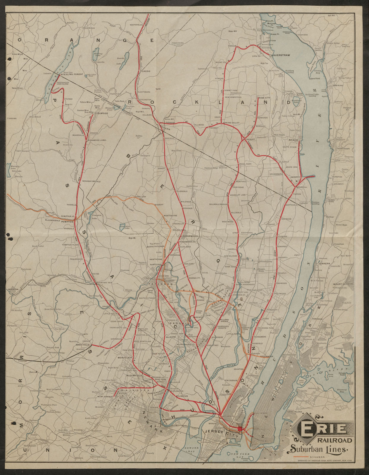 Erie Railroad suburban lines New Jersey-Manhattan ferries Hudson River c1920 map