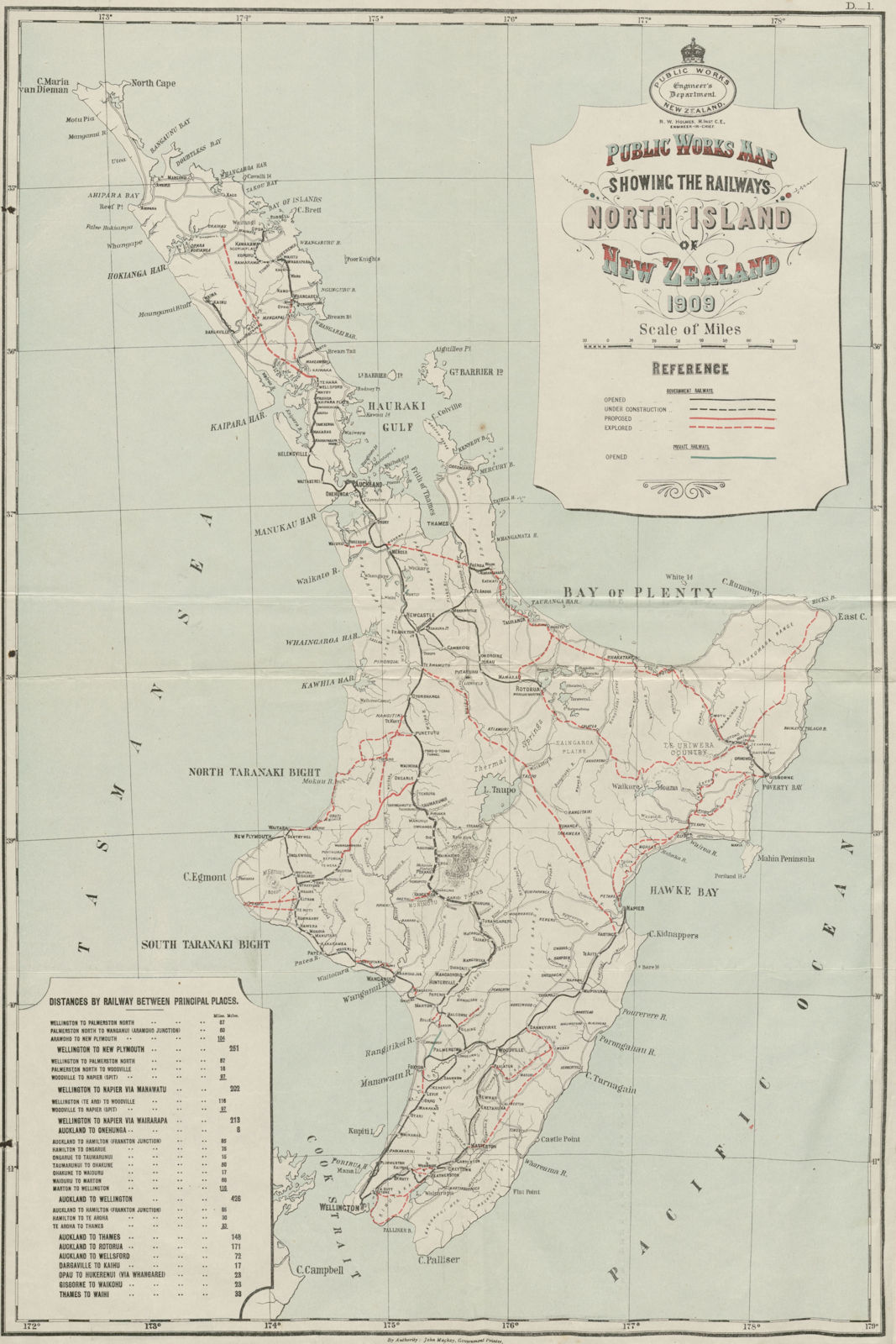 North Island New Zealand railways. Open proposed explored in progress 1909 map