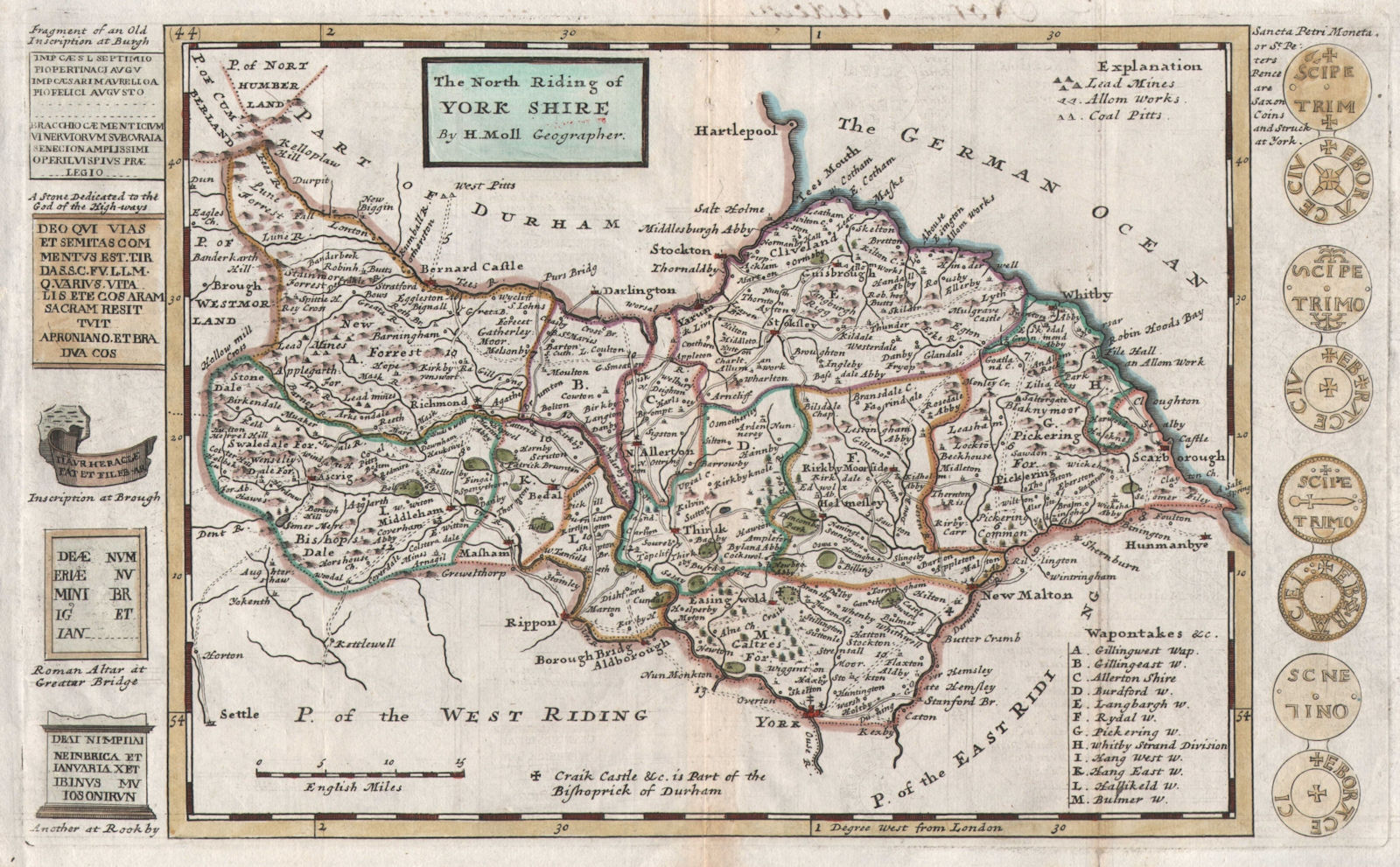 "The North Riding of York Shire", by Hermann Moll. Yorkshire 1724 old map