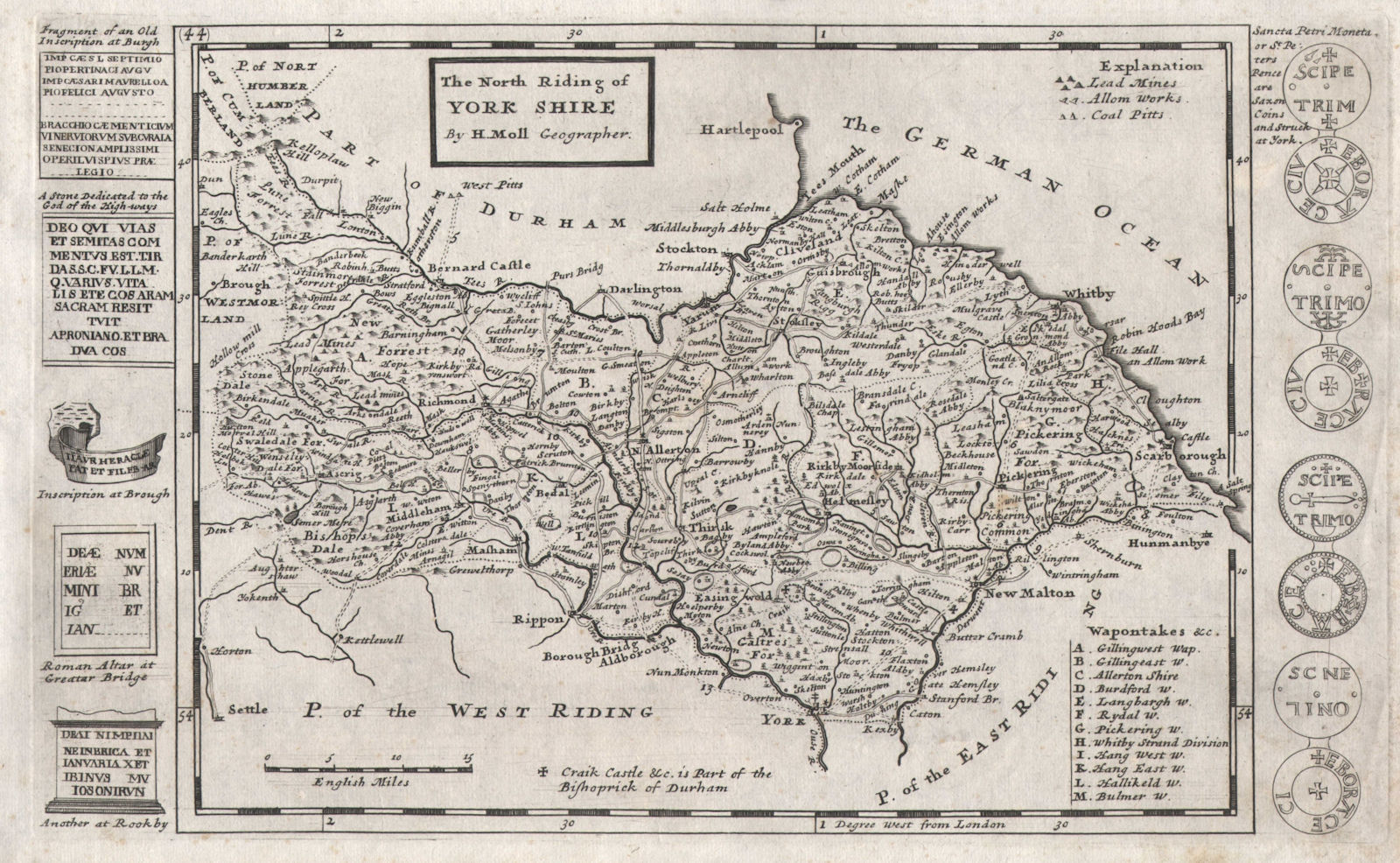 Associate Product "The North Riding of York Shire", by Hermann Moll. Yorkshire 1724 old map