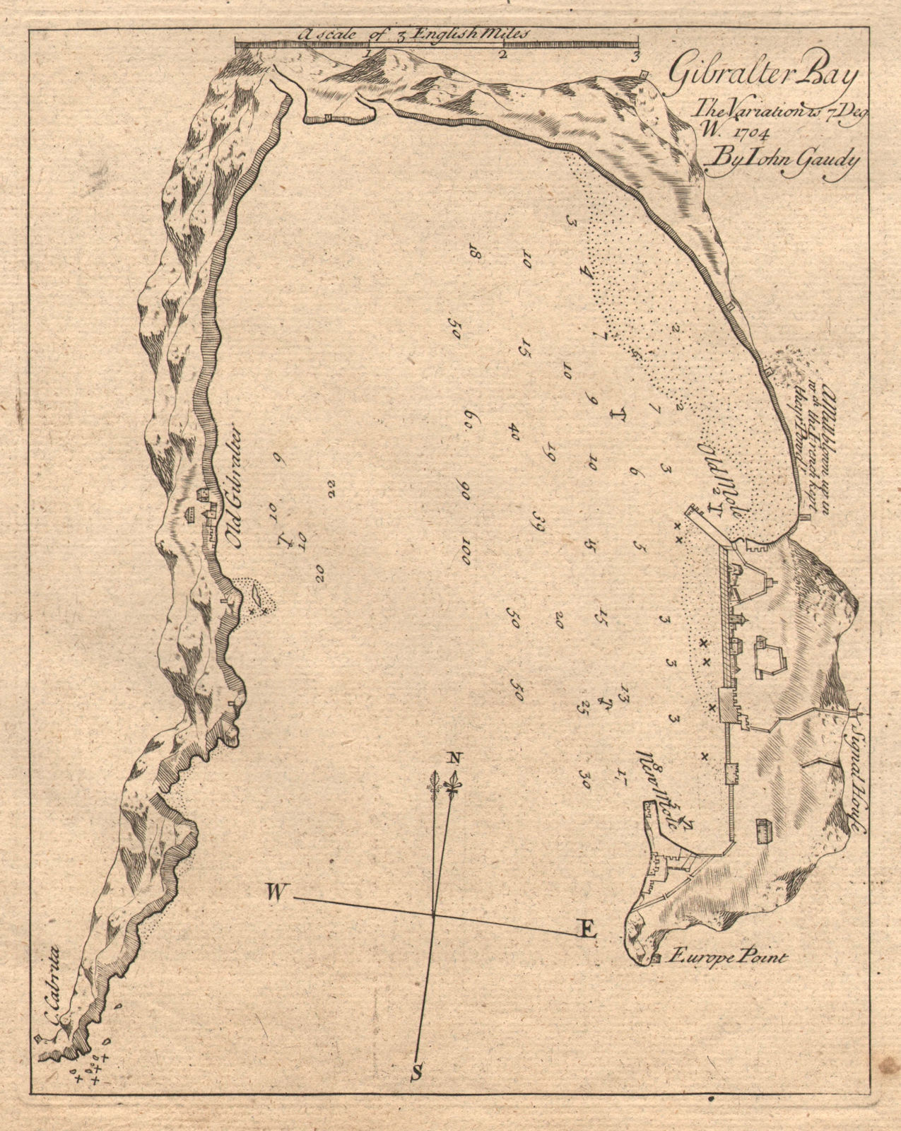 Associate Product "Gibraltar Bay". Gibraltar & Algeciras, by John GAUDY. Sea chart 1747 old map