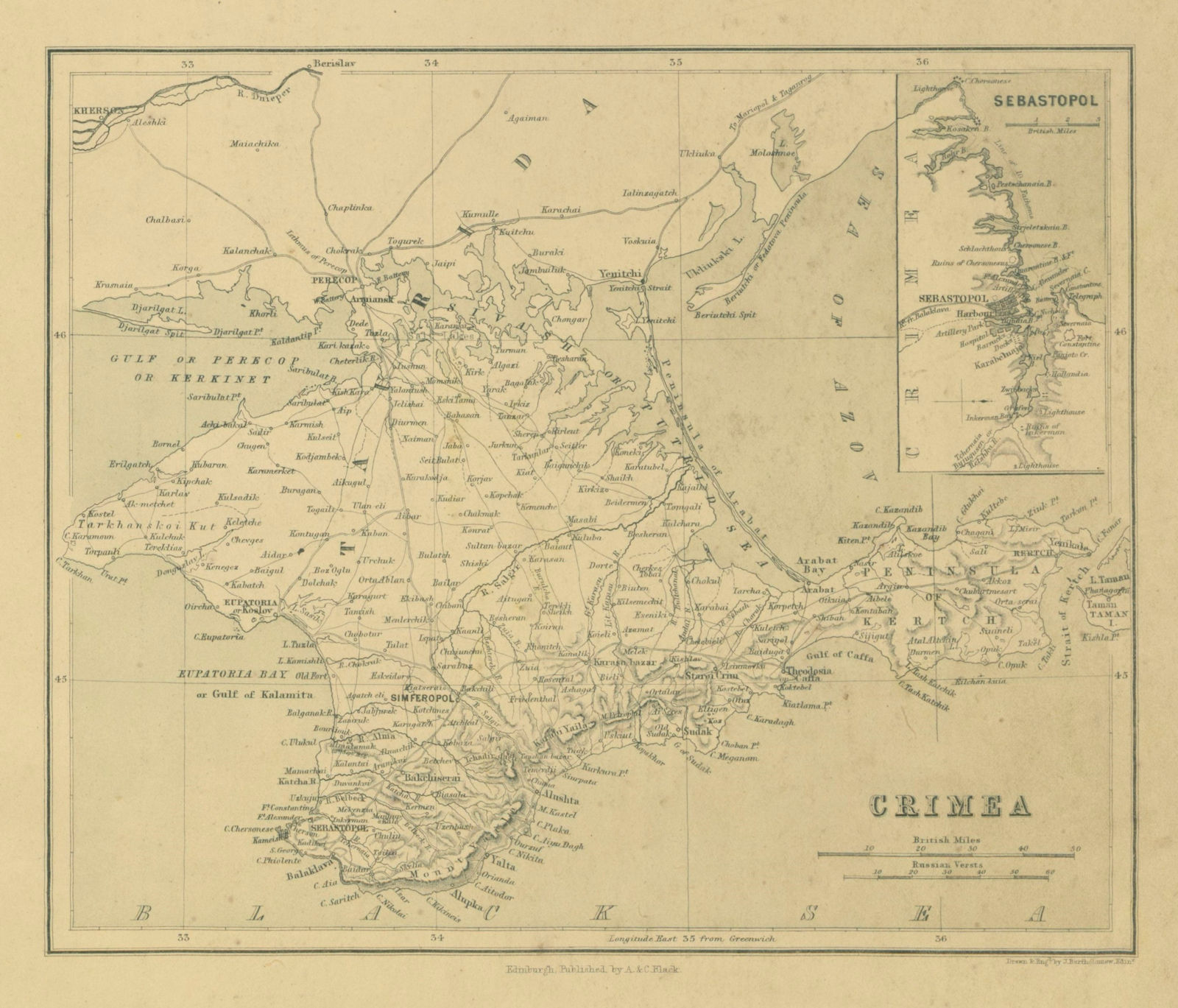 Crimea. Inset Sebastopol. Ukraine/Russia. JOHN BARTHOLOMEW 1856 old map