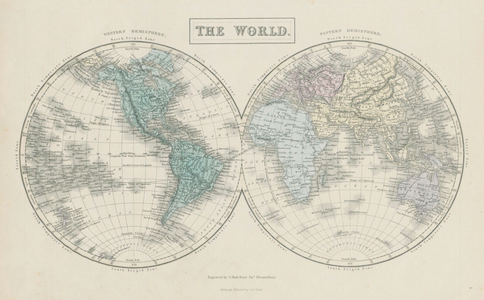 World twin hemispheres. Western & eastern hemispheres. SIDNEY HALL 1856 map