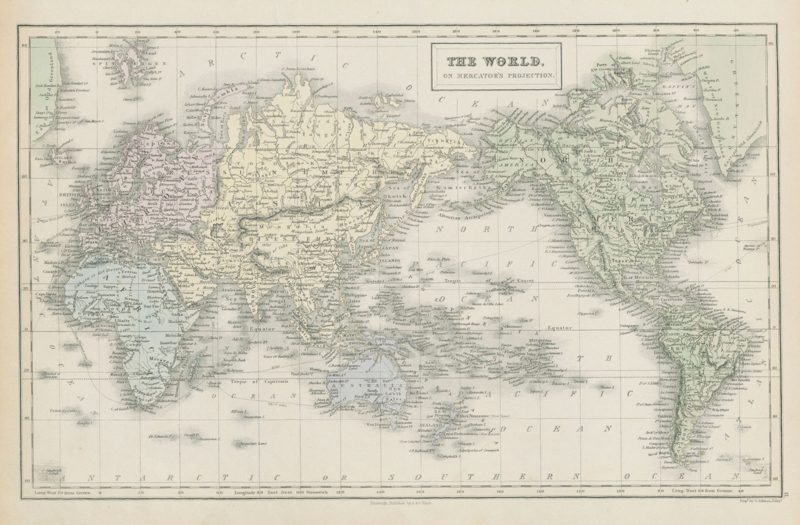 The World, on Mercator's projection by GEORGE AIKMAN. Asia-centric 1856 map