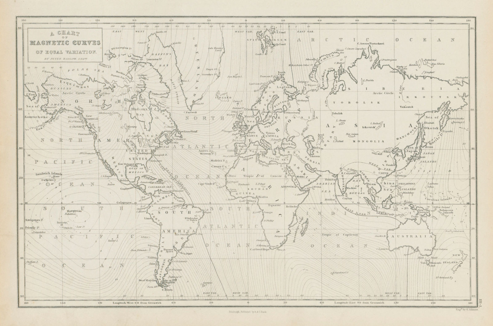 A chart of magnetic curves of equal variation. World. GEORGE AIKMAN 1856 map