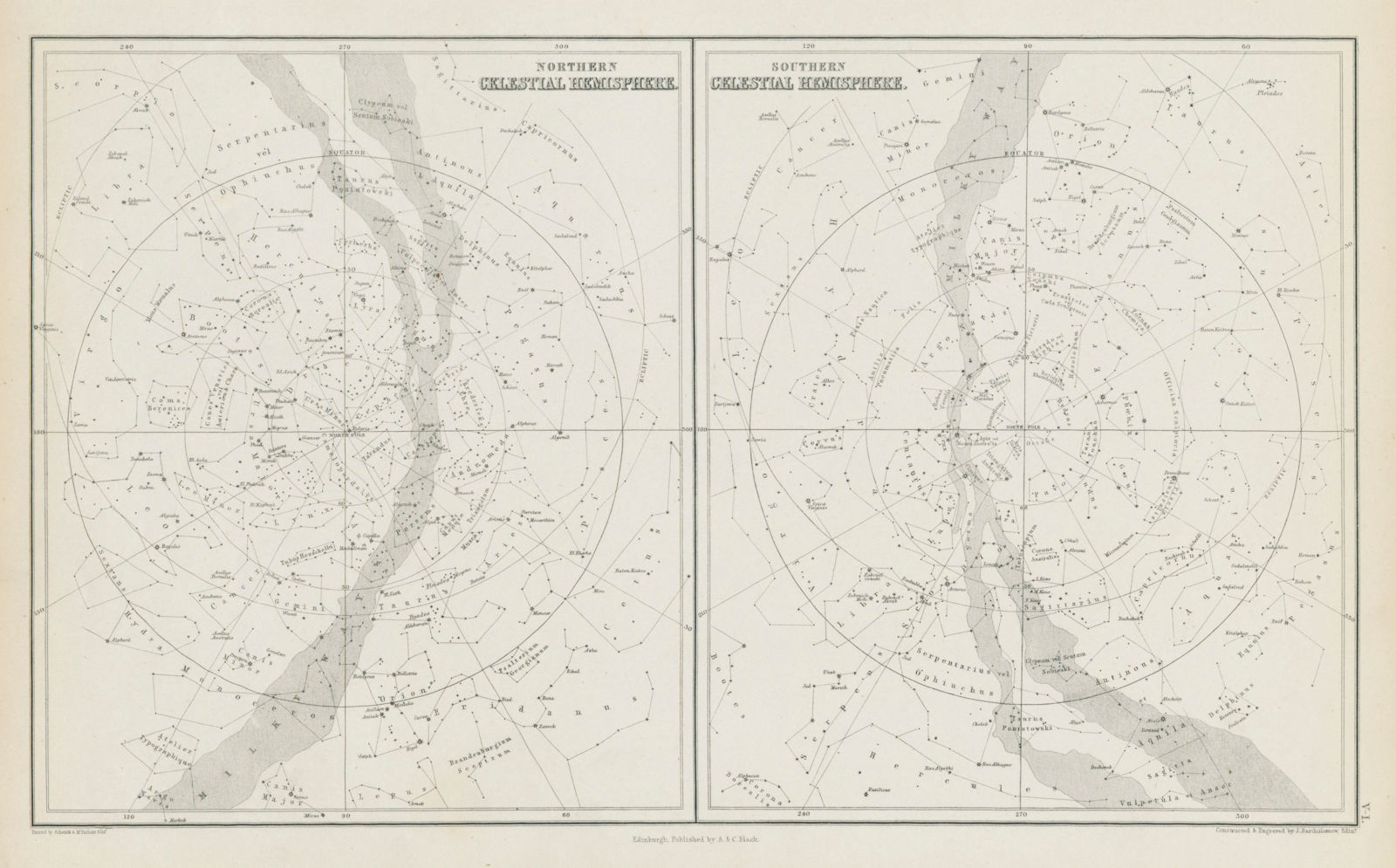 Star maps. Northern & Southern Celestial Hemispheres. JOHN BARTHOLOMEW 1856