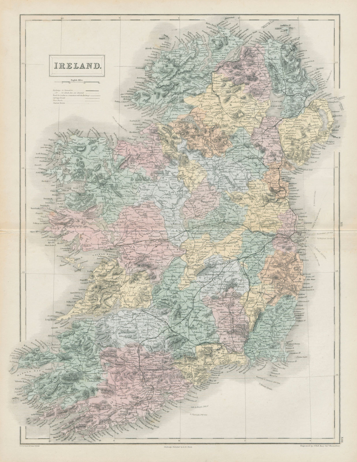 Ireland showing counties & railways by SIDNEY HALL 1856 old antique map chart