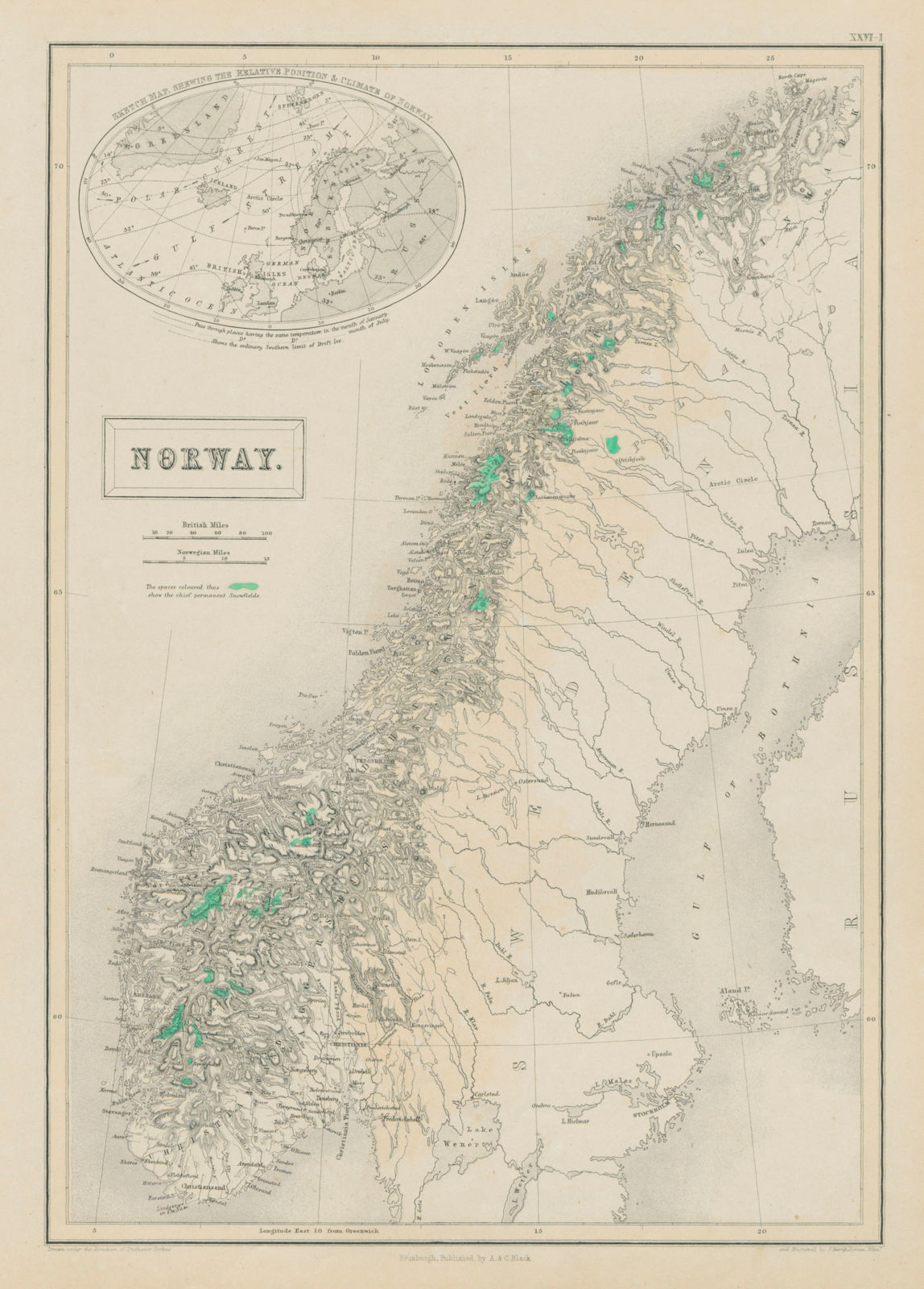 Norway showing "permanent snowfields" (glaciers) in green. BARTHOLOMEW 1856 map