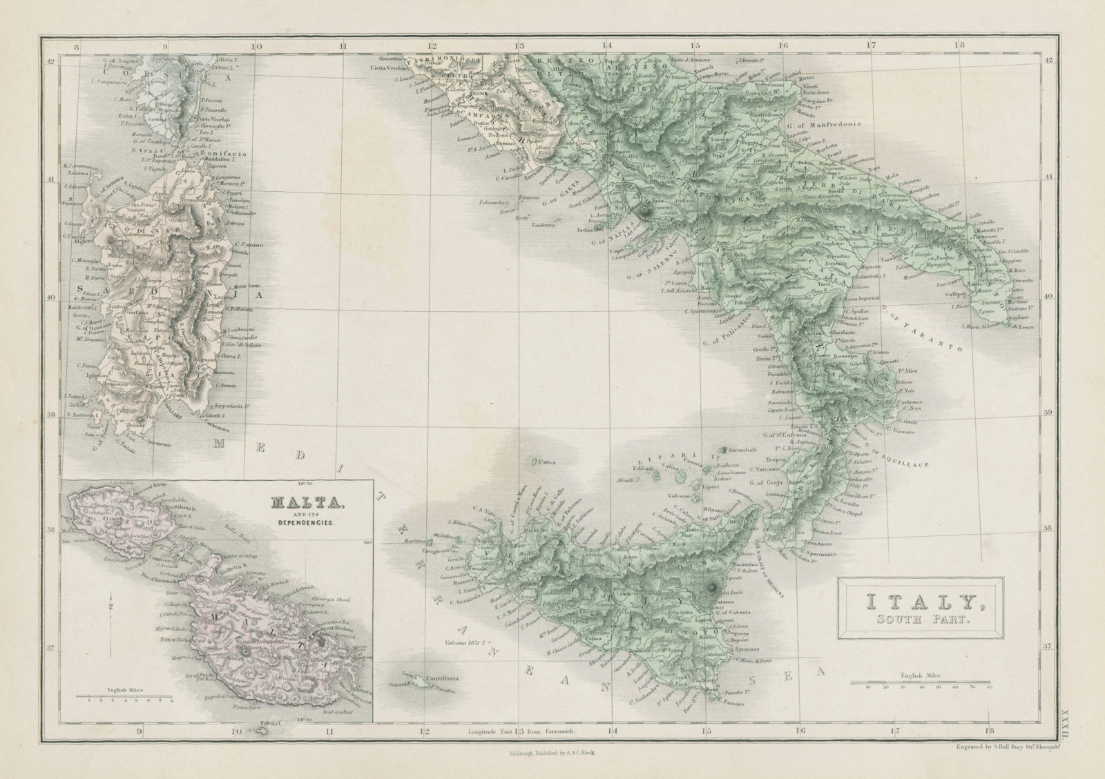 Italy, south part. Inset Malta. Sardinia Sicily. SIDNEY HALL 1856 old map