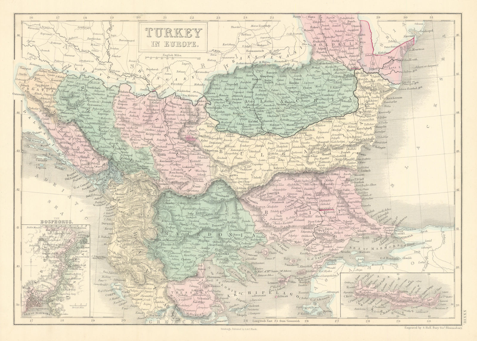 Turkey in Europe. Inset The Bosphorus. Balkans. SIDNEY HALL 1856 old map