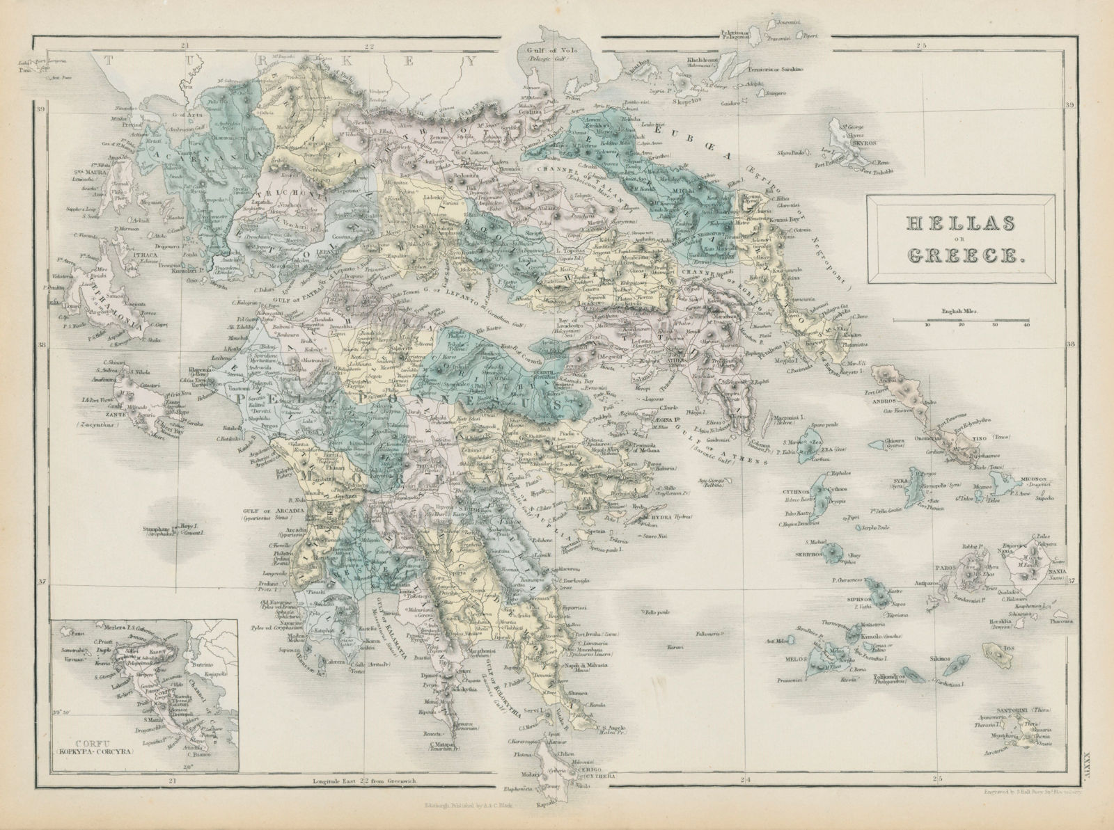 Hellas or Greece. Ionian, Cyclades & Aegean islands. SIDNEY HALL 1856 old map