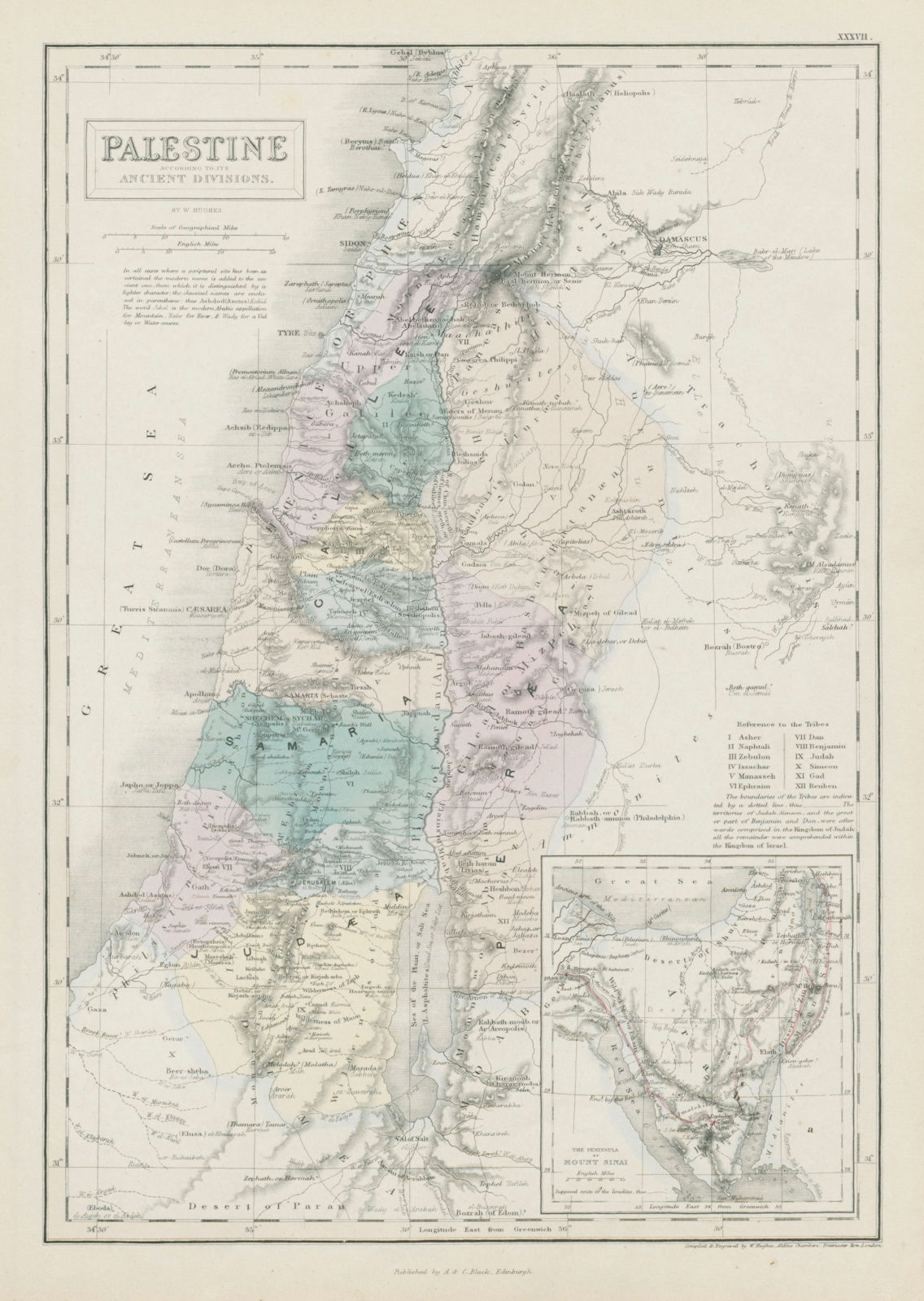 Palestine with its ancient divisions. Inset Sinai peninsula. HUGHES 1856 map