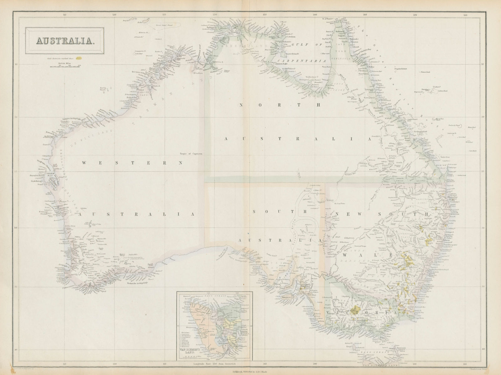 Gold rush Australia showing gold districts in yellow. SIDNEY HALL 1856 map
