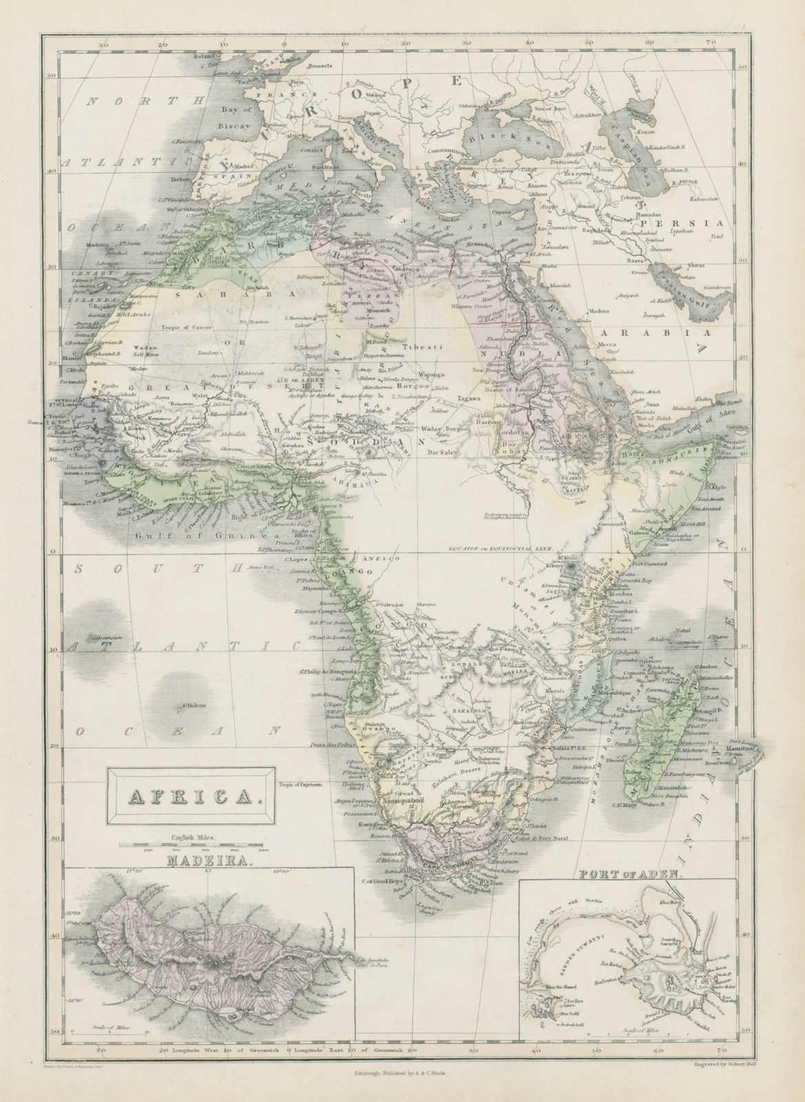Early colonial Africa. Inset Madeira & Aden. SIDNEY HALL 1856 old antique map