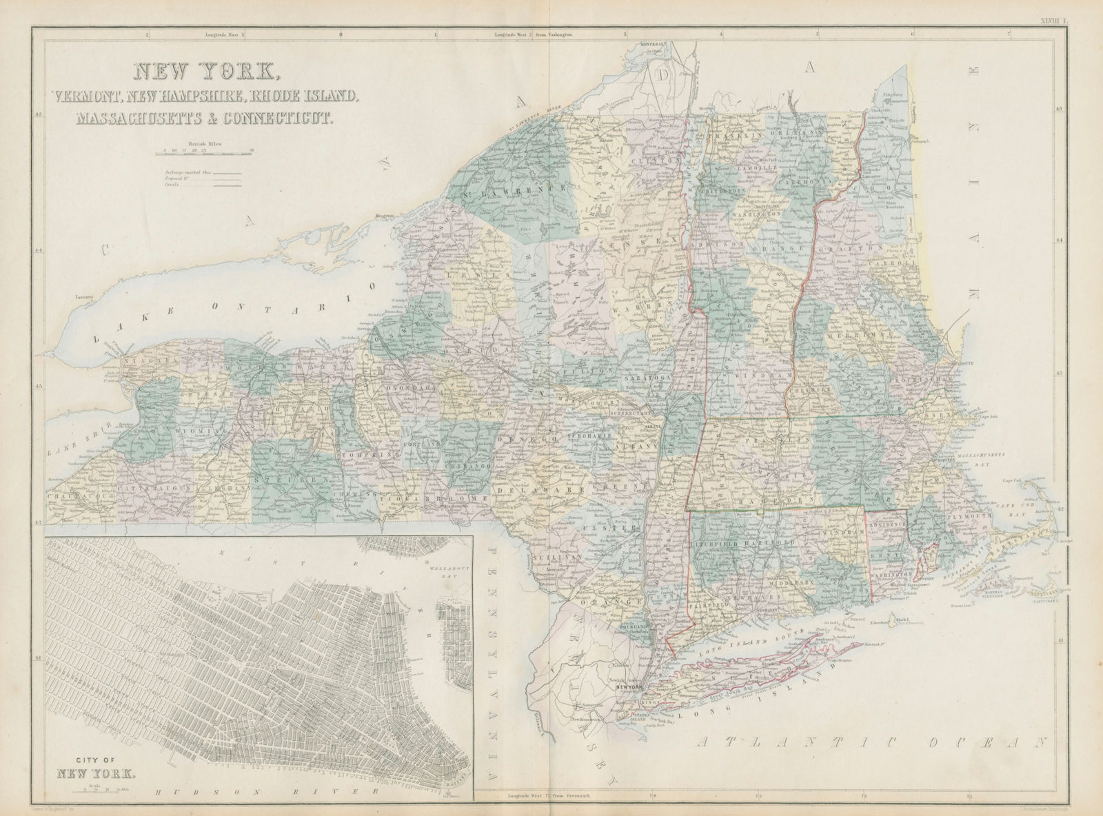 New York & New England. VT CT RI MA NH. NYC Manhattan plan. SIDNEY HALL 1856 map