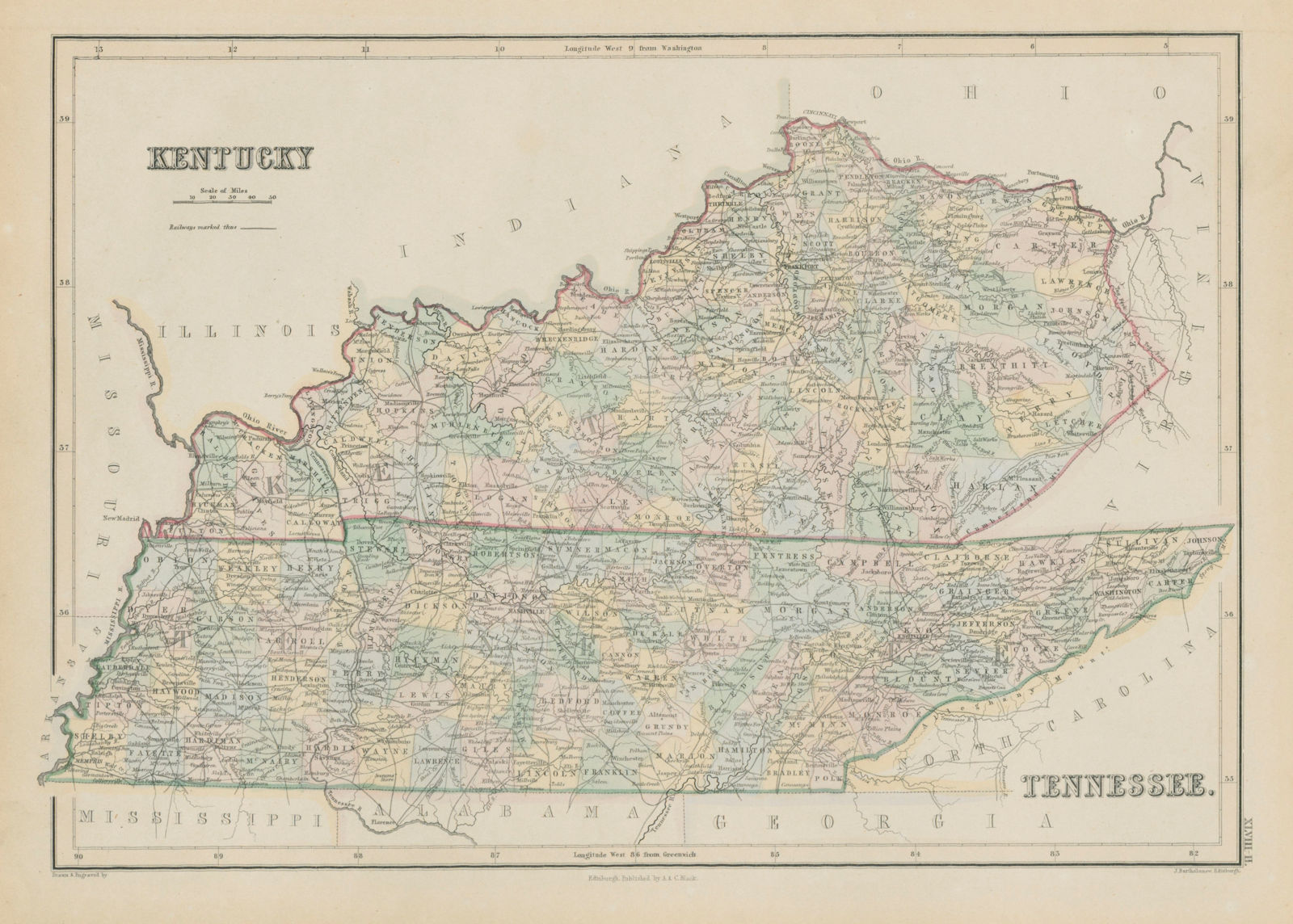 Kentucky & Tennessee state map showing counties. JOHN BARTHOLOMEW 1856 old